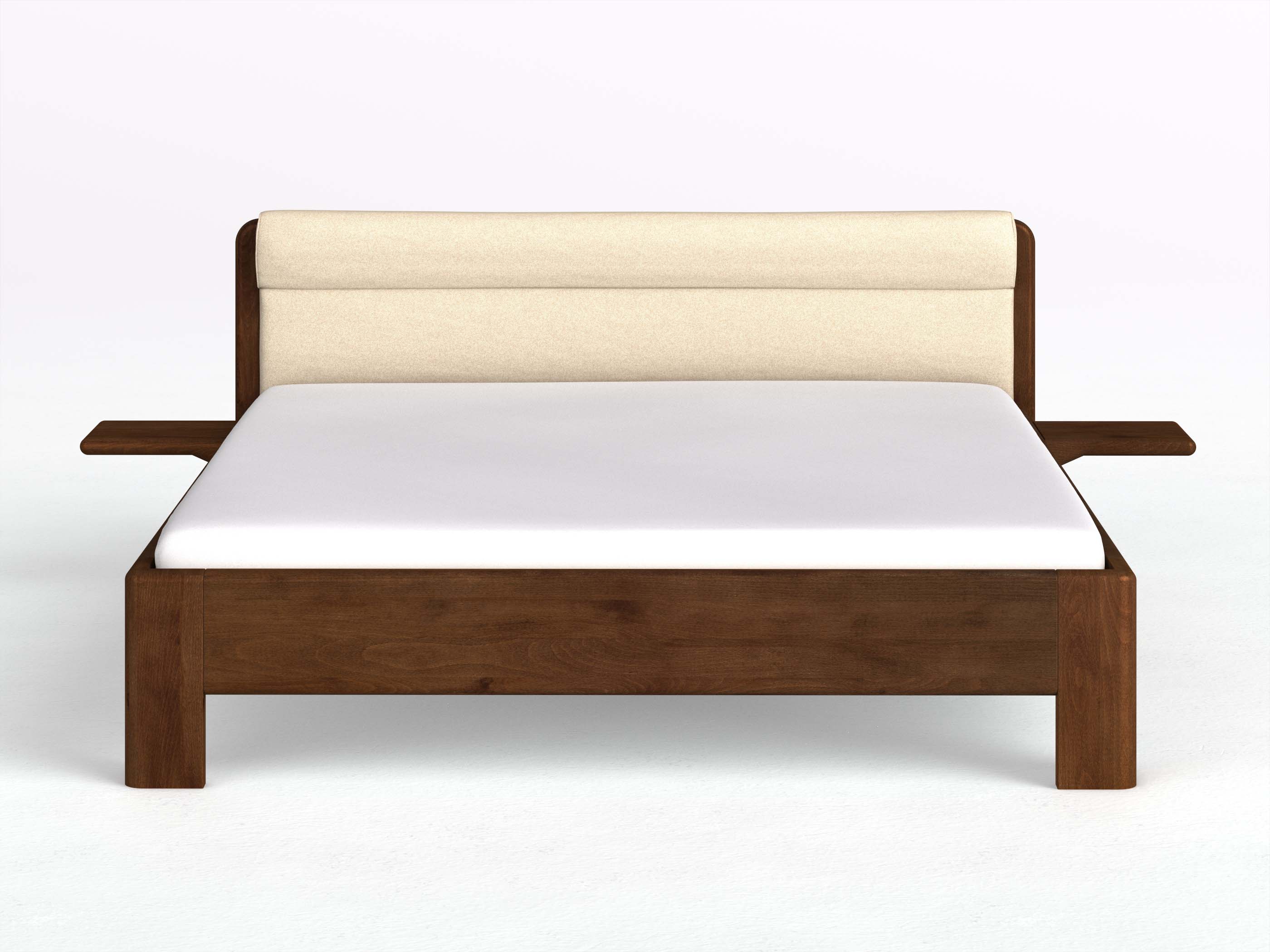 Buchenbett Dunkel „Niklas“ in 180 x 200 cm mit 2 Ablagen und Stoffkopfteil - Stoff: Schafschurwolle „Fischgrät“ in der Farbe Holunderblüte