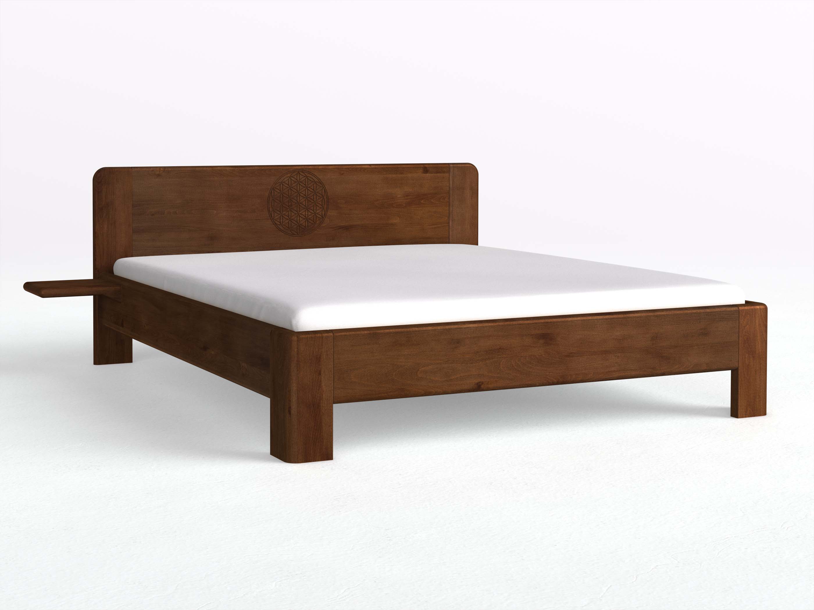 Buchenbett Dunkel „Niklas“ mit 2 Ablagen und der Gravur „Blume des Lebens“