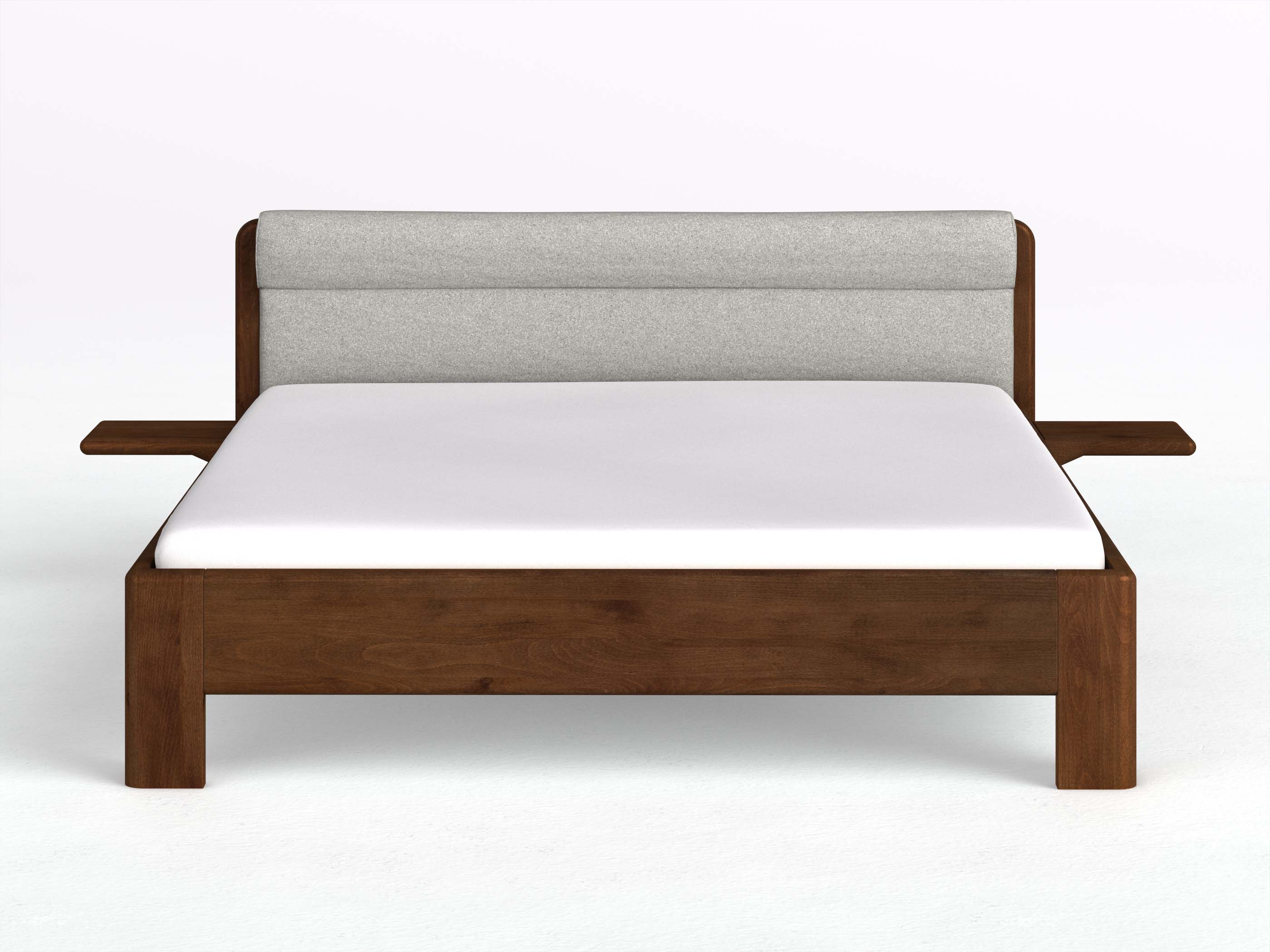 Buchenbett Dunkel „Niklas“ in 180 x 200 cm mit 2 Ablagen und Stoffkopfteil - Stoff: Schafschurwolle „Loden“ in der Farbe Nebelgrau