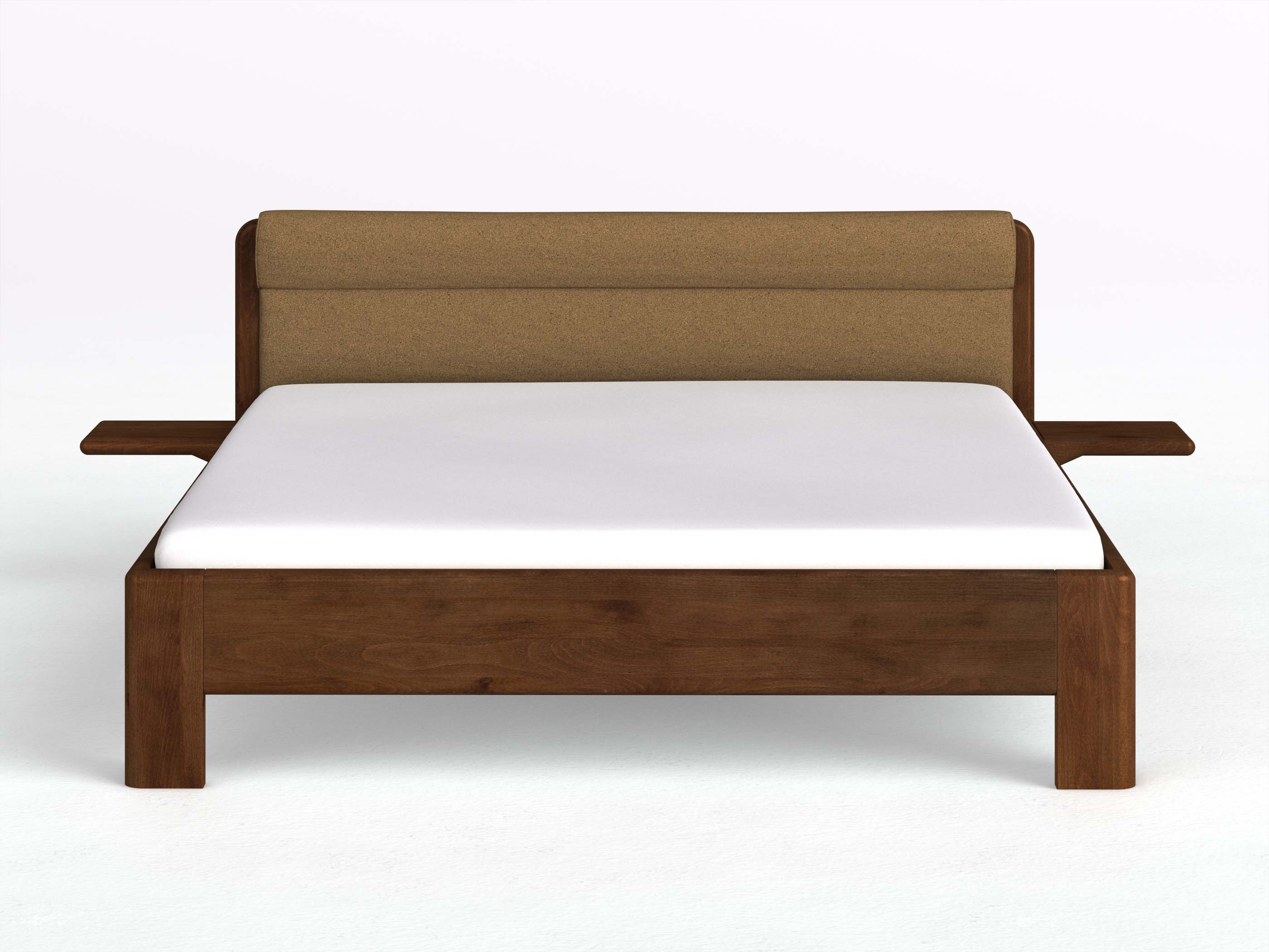 Buchenbett Dunkel „Niklas“ in 180 x 200 cm mit 2 Ablagen und Stoffkopfteil - Stoff: Schafschurwolle „Loden“ in der Farbe Zimtrinde