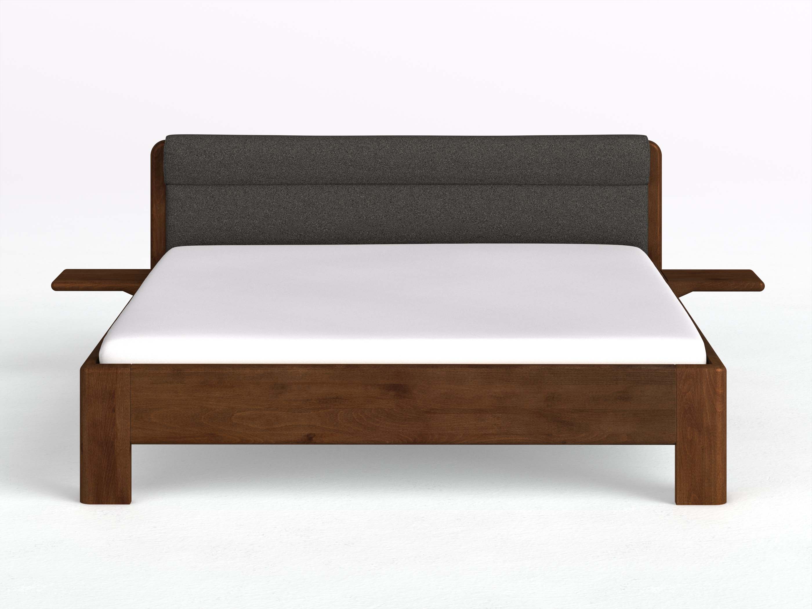 Buchenbett Dunkel „Niklas“ in 180 x 200 cm mit 2 Ablagen und Stoffkopfteil - Stoff: Schafschurwolle „Loden“ in der Farbe Anthrazit