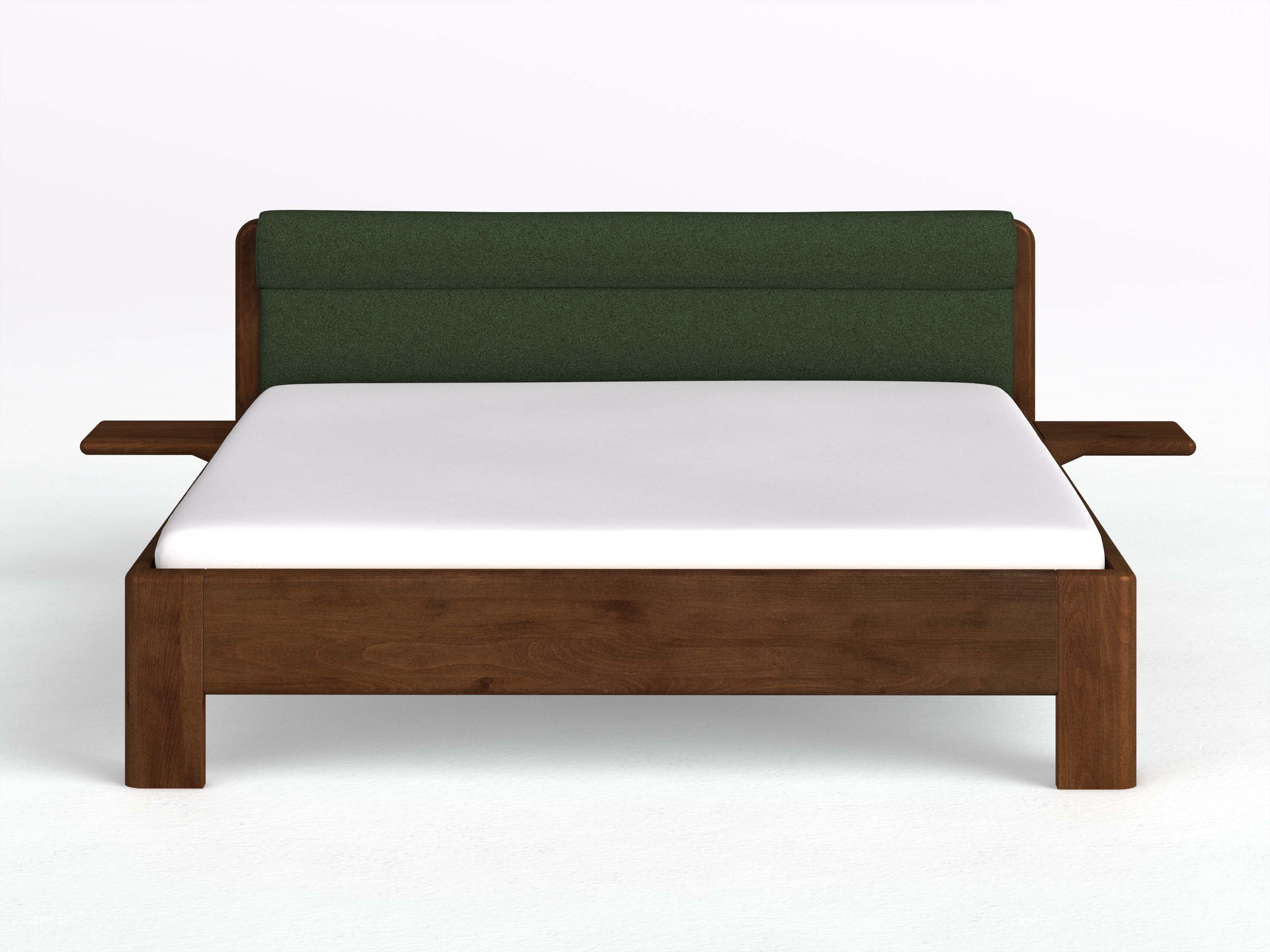 Buchenbett Dunkel „Niklas“ in 180 x 200 cm mit 2 Ablagen und Stoffkopfteil - Stoff: Schafschurwolle „Loden“ in der Farbe Tannenwald