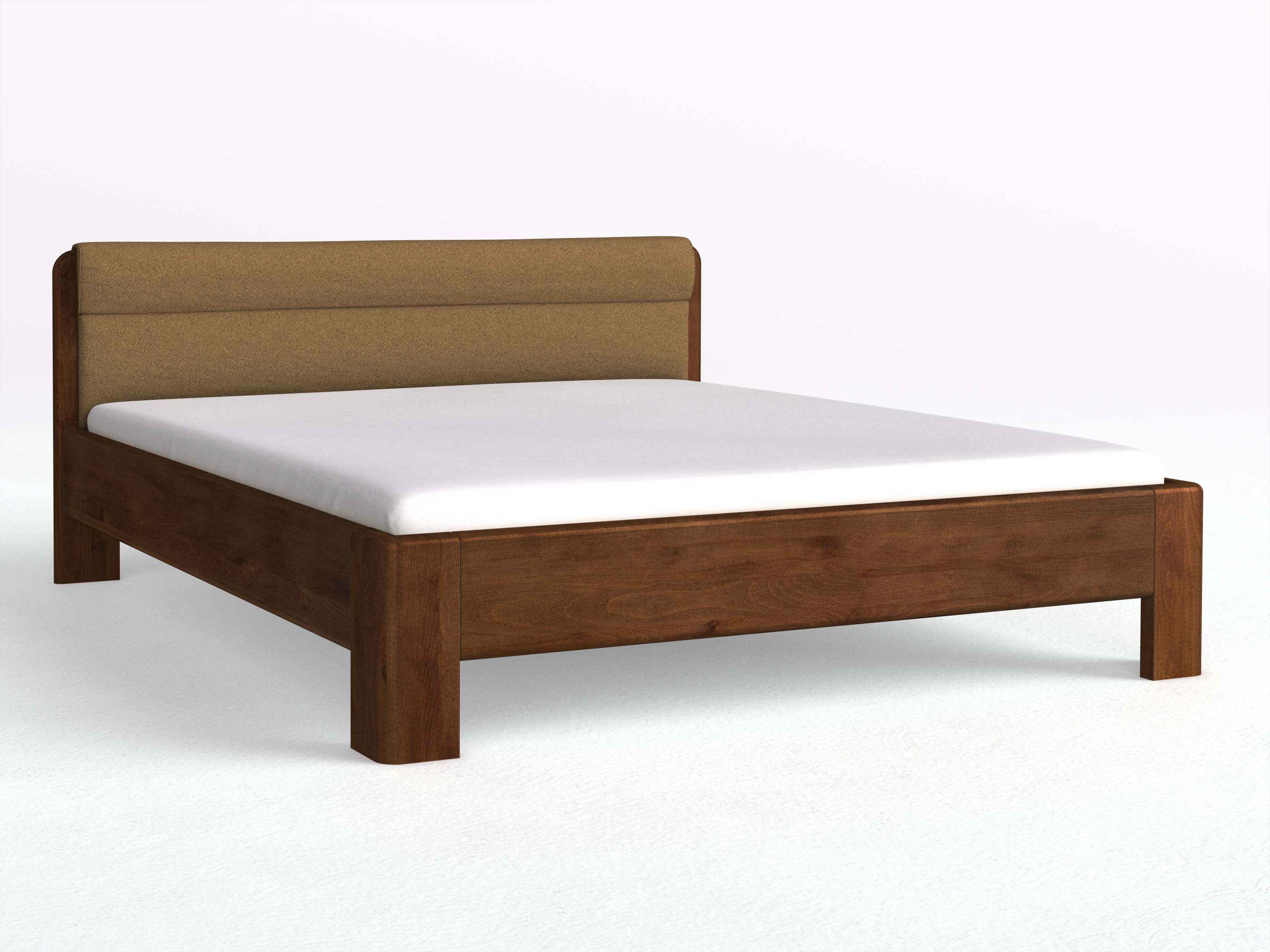 Buchenbett Dunkel „Niklas“ in 180 x 200 cm, mit Stoffkopfteil - Stoff: Schafschurwolle „Loden“ in der Farbe Zimtrinde