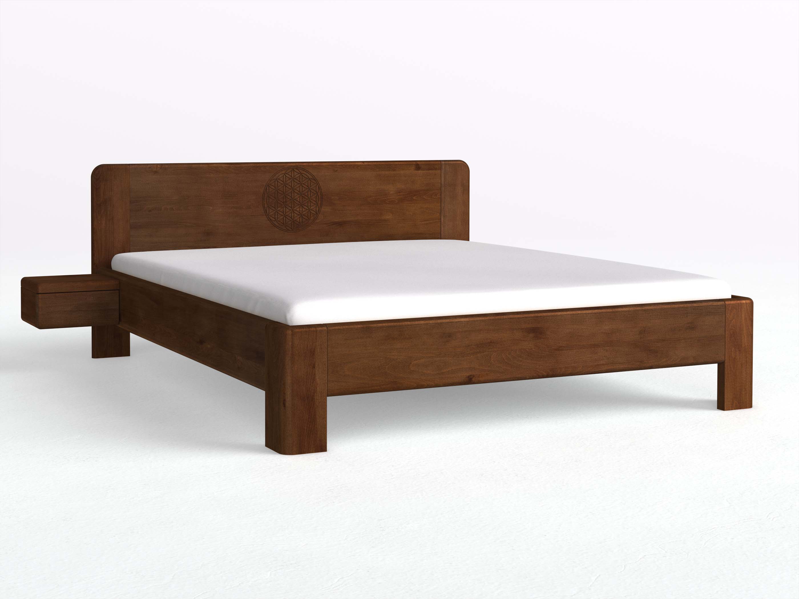 Buchenbett Dunkel „Niklas“ mit 2 Nachttischen Griff: Grifflos und der Gravur „Blume des Lebens“