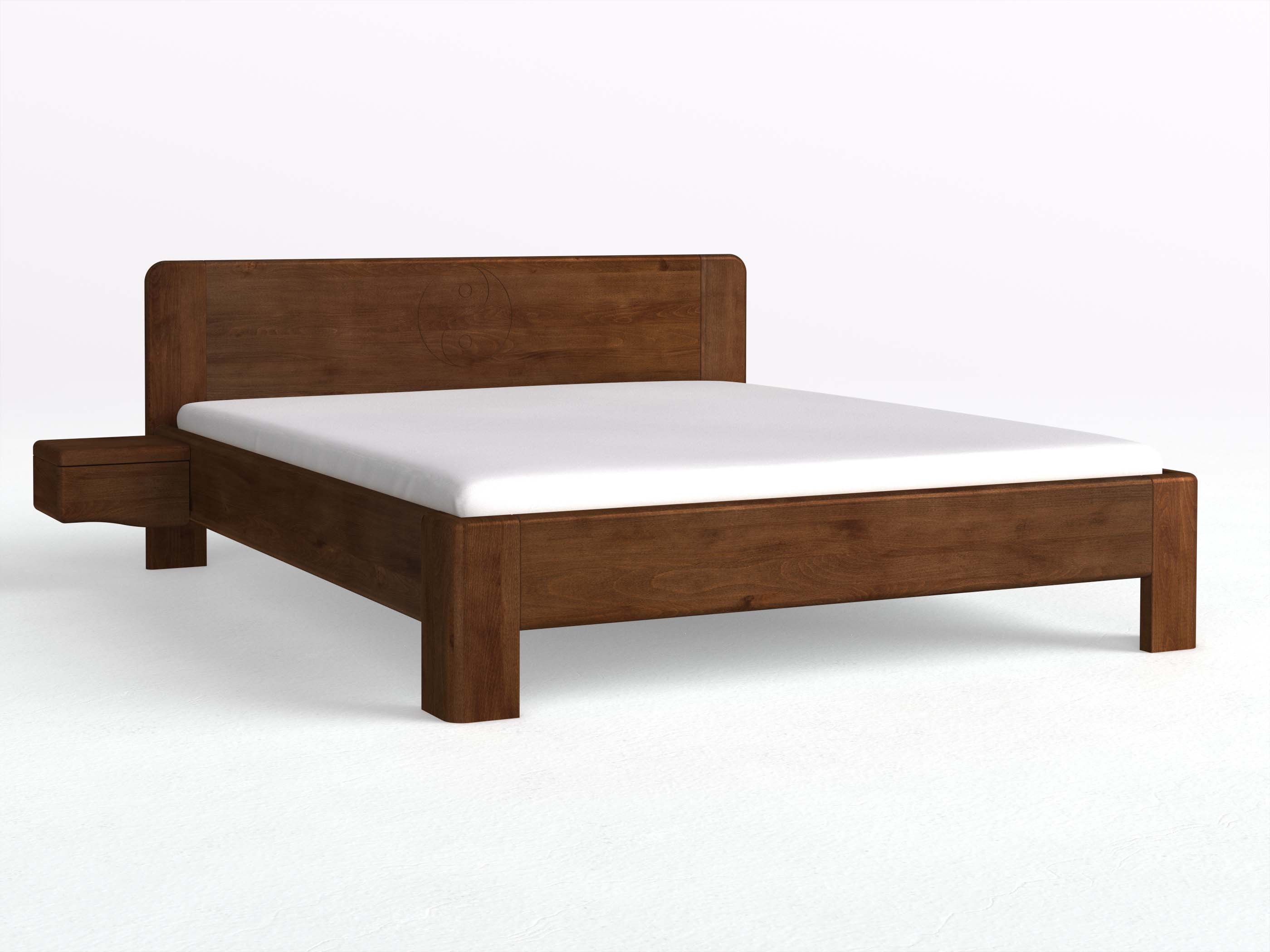 Buchenbett Dunkel „Niklas“ mit 2 Nachttischen Griff: Welle und der Gravur „Yin Yang“