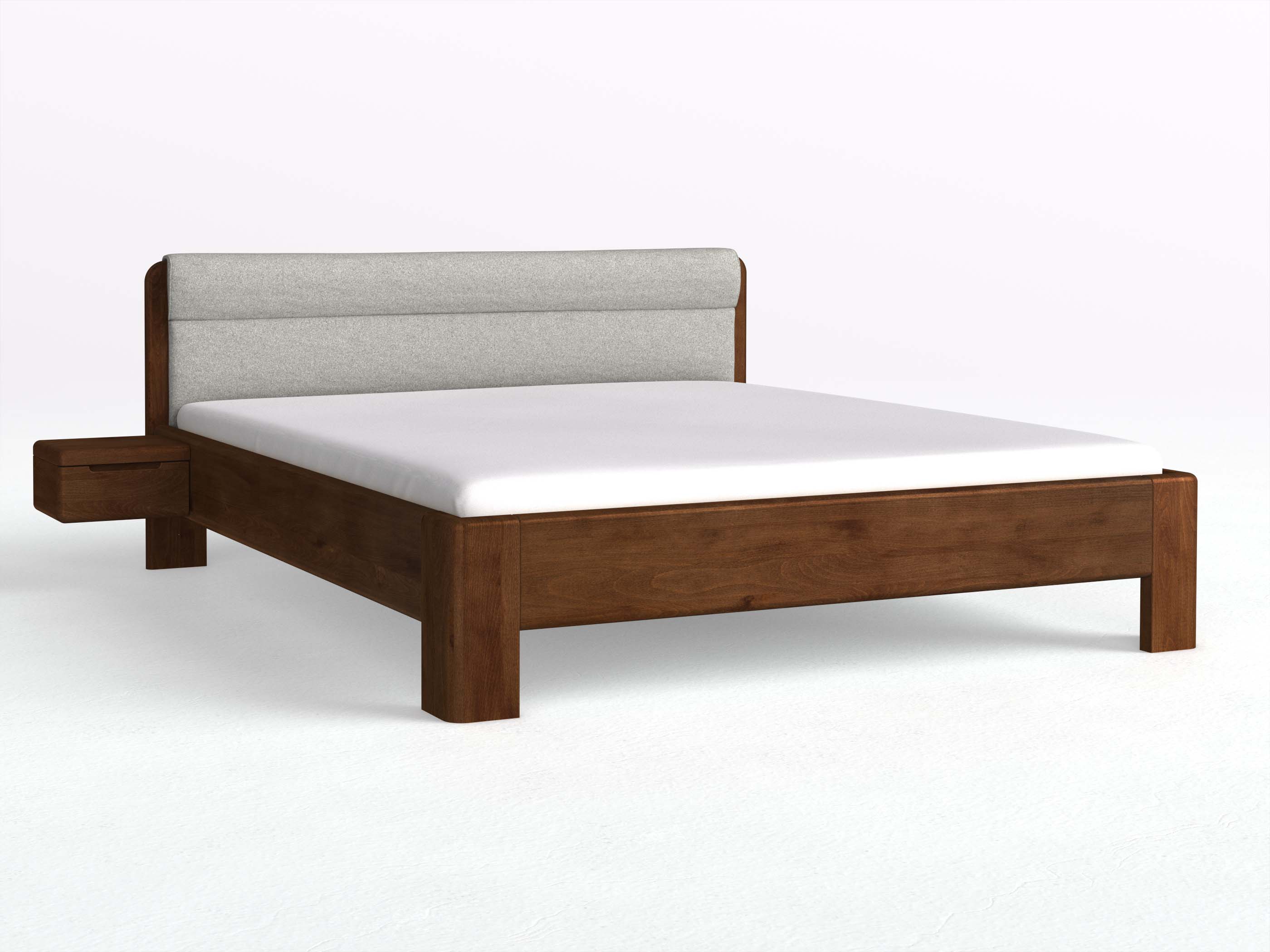 Buchenbett Dunkel „Niklas“ in 180 x 200 cm mit 2 Nachttischen - Griff: Griffleiste B und mit Stoffkopfteil - Stoff: Schafschurwolle „Loden“ in der Farbe Nebelgrau