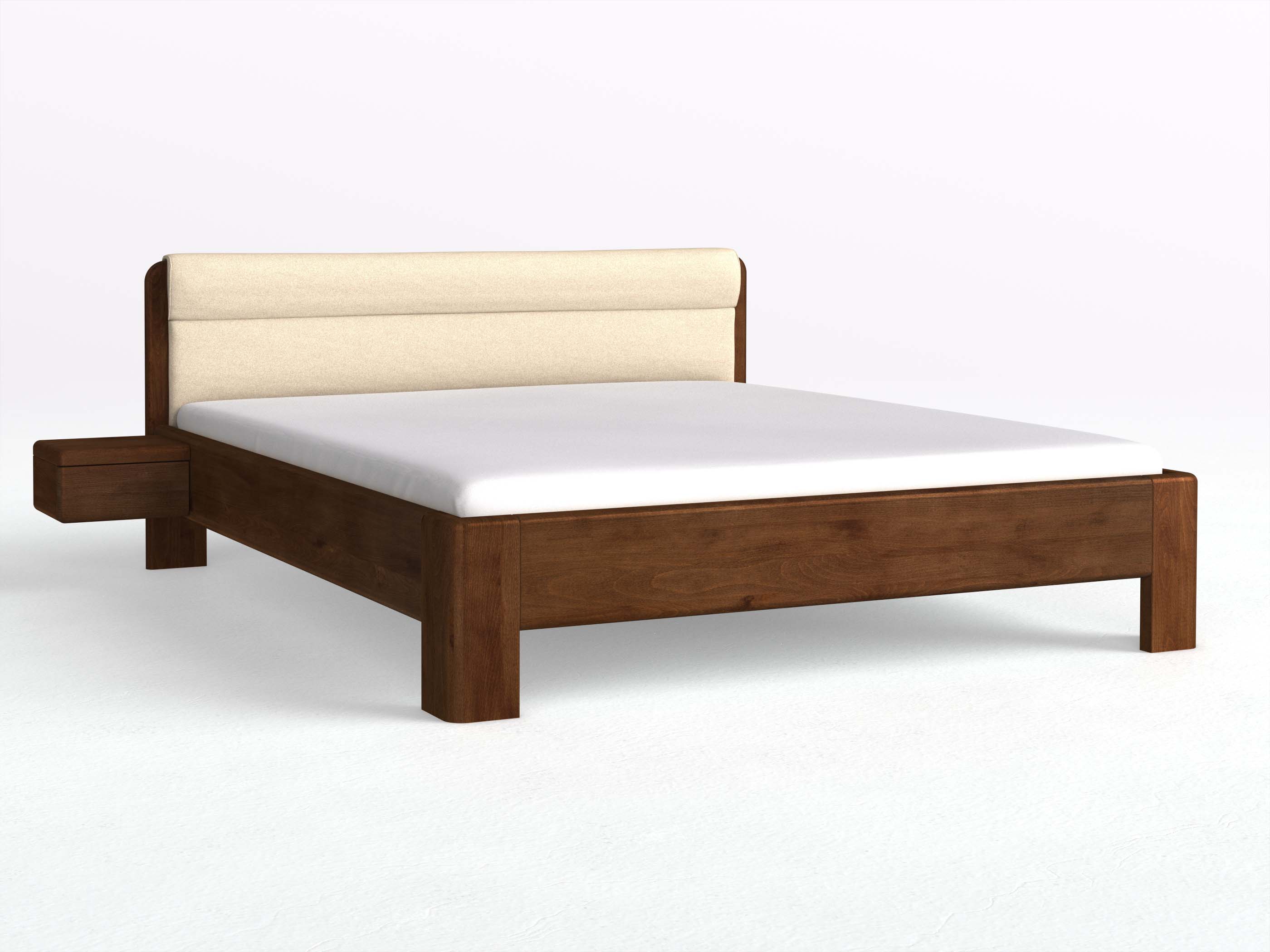 Buchenbett Dunkel „Niklas“ in 180 x 200 cm mit 2 Nachttischen - Griff: Grifflos und mit Stoffkopfteil - Stoff: Schafschurwolle „Fischgrät“ in der Farbe Holunderblüte