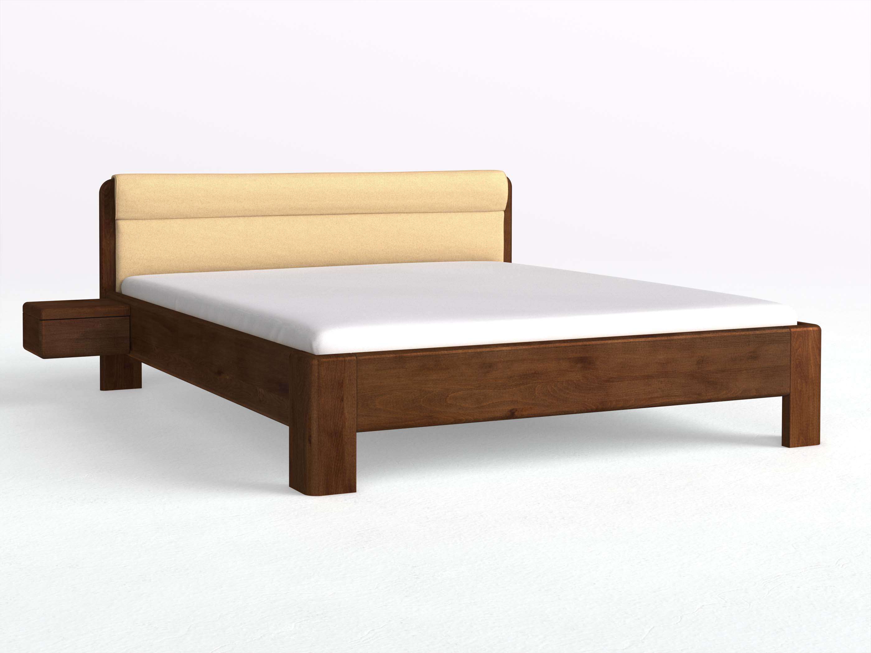 Buchenbett Dunkel „Niklas“ in 180 x 200 cm mit 2 Nachttischen - Griff: Grifflos und mit Stoffkopfteil - Stoff: Schafschurwolle „Fischgrät“ in der Farbe Goldhirse