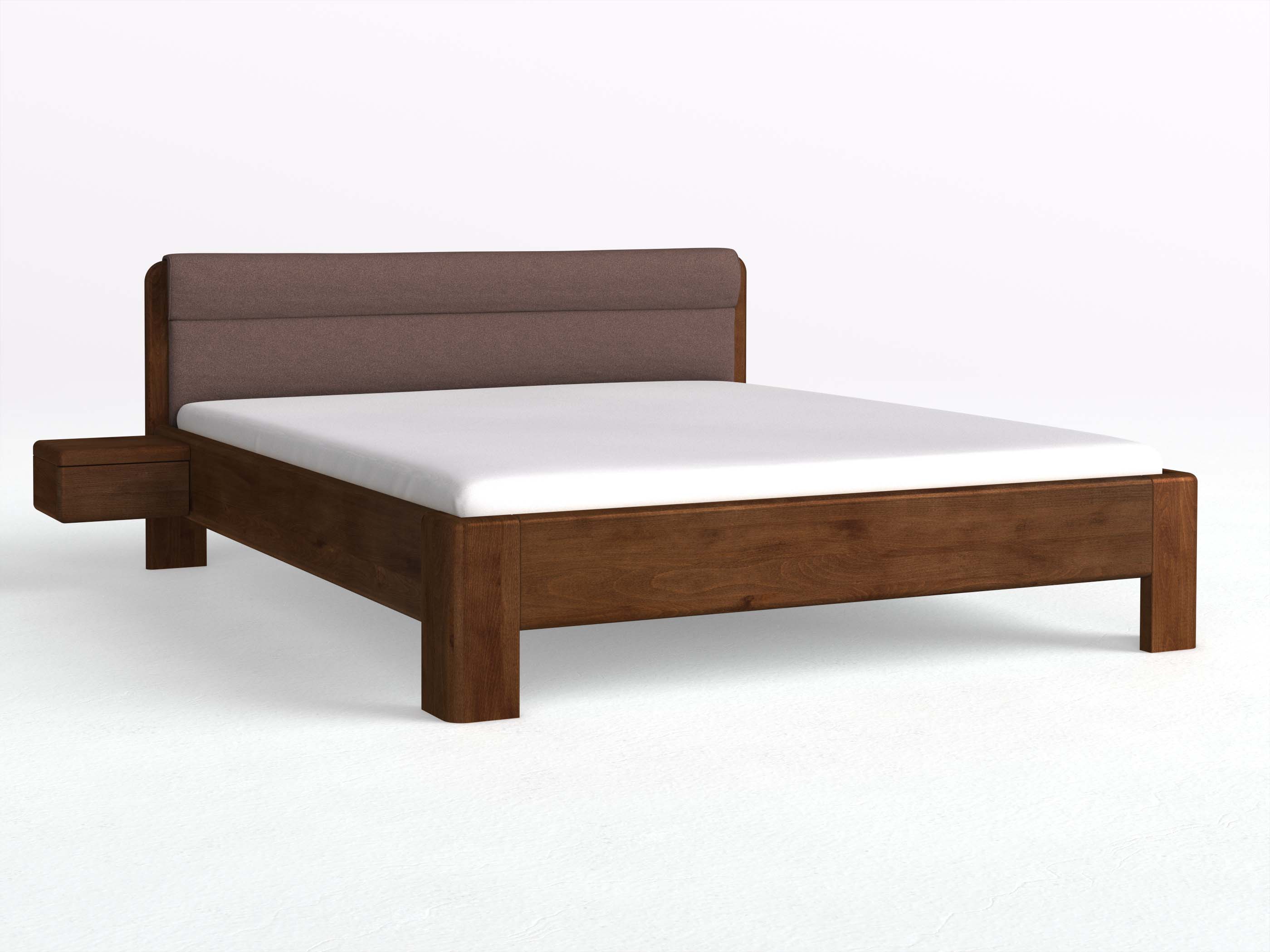 Buchenbett Dunkel „Niklas“ in 180 x 200 cm mit 2 Nachttischen - Griff: Grifflos und mit Stoffkopfteil - Stoff: Schafschurwolle „Loden“ in der Farbe Abenddämmerung