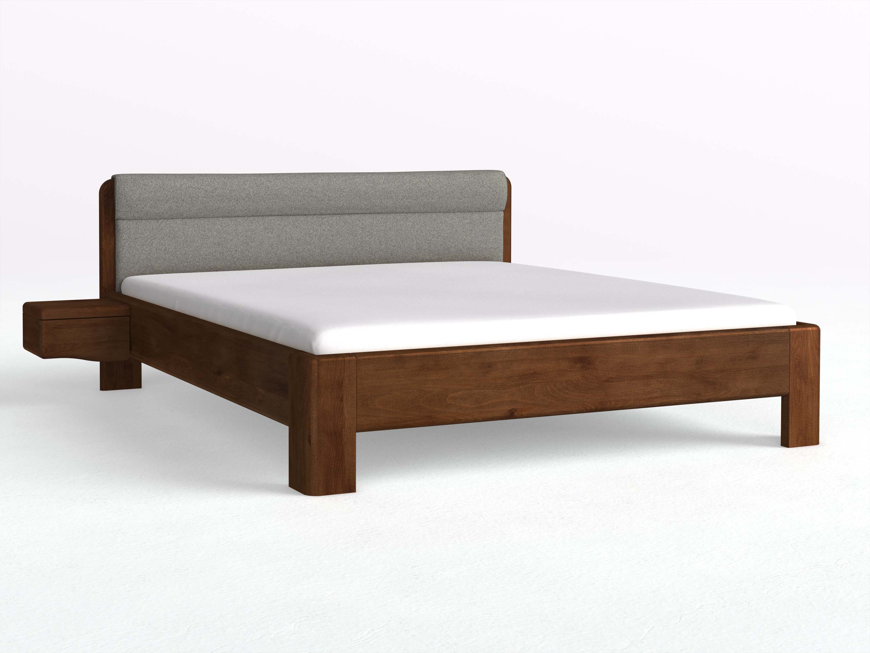 Buchenbett Dunkel „Niklas“ in 180 x 200 cm mit 2 Nachttischen - Griff: Welle und mit Stoffkopfteil - Stoff: Schafschurwolle „Fischgrät“ in der Farbe Grauer Mohn