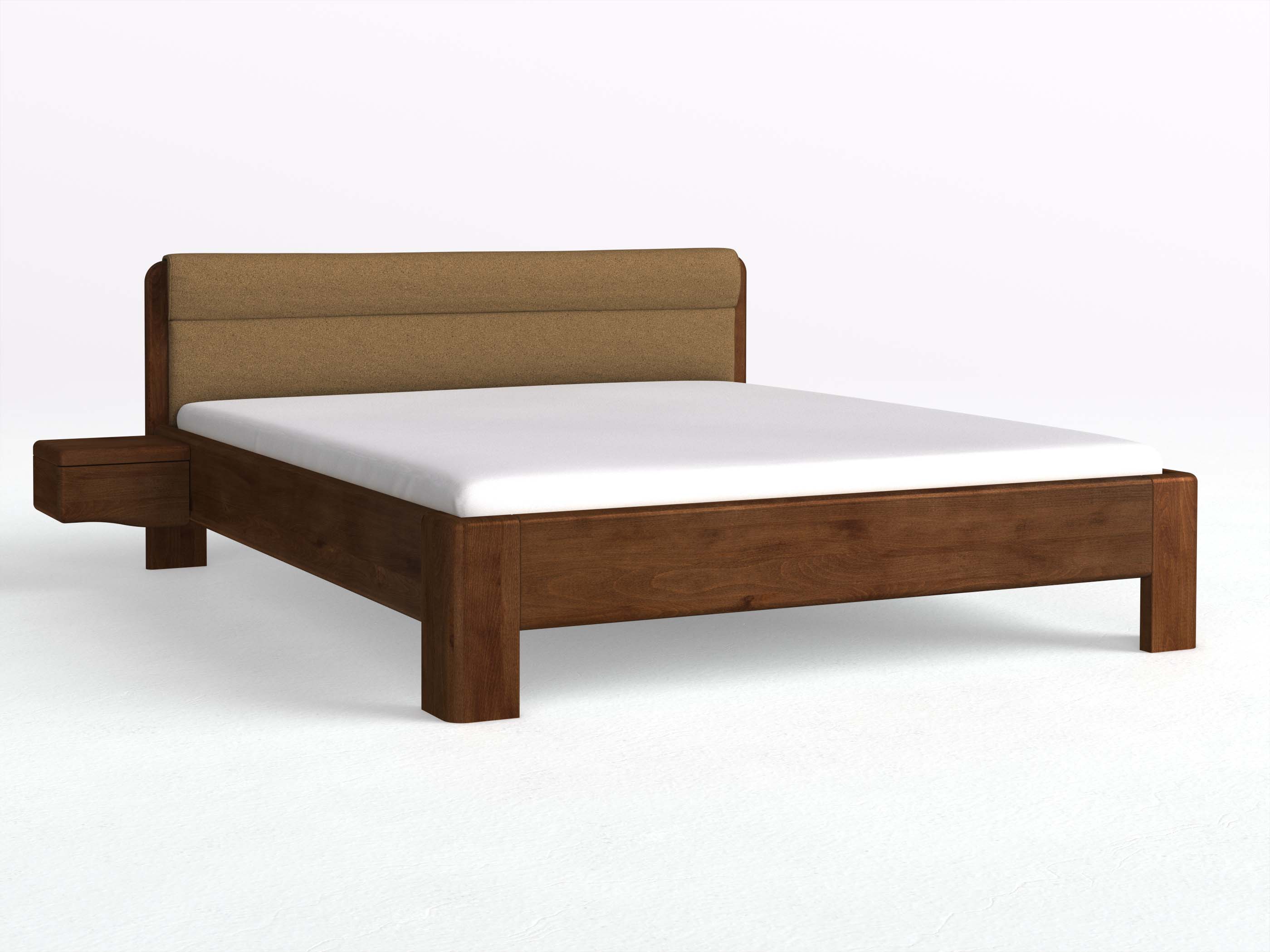 Buchenbett Dunkel „Niklas“ in 180 x 200 cm mit 2 Nachttischen - Griff: Welle und mit Stoffkopfteil - Stoff: Schafschurwolle „Loden“ in der Farbe Zimtrinde