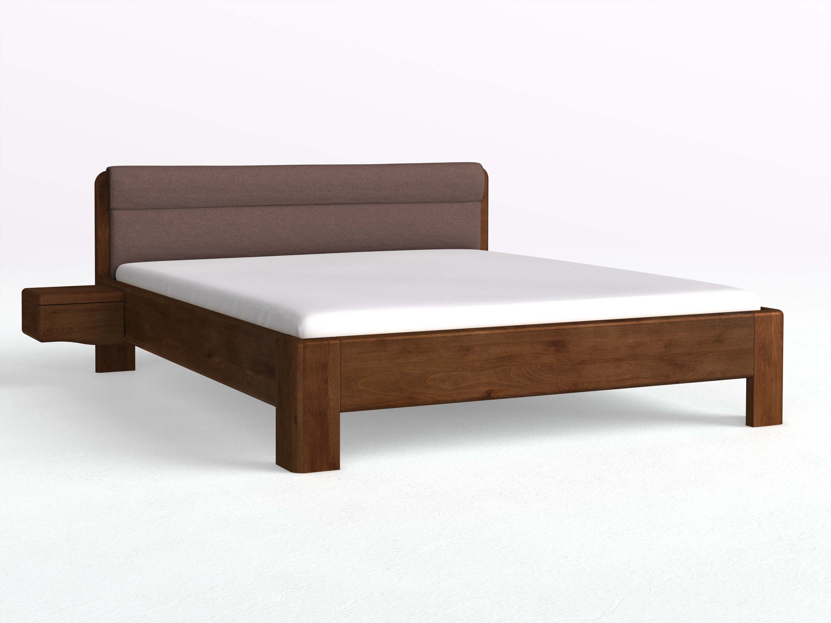 Buchenbett Dunkel „Niklas“ in 180 x 200 cm mit 2 Nachttischen - Griff: Welle und mit Stoffkopfteil - Stoff: Schafschurwolle „Loden“ in der Farbe Abenddämmerung