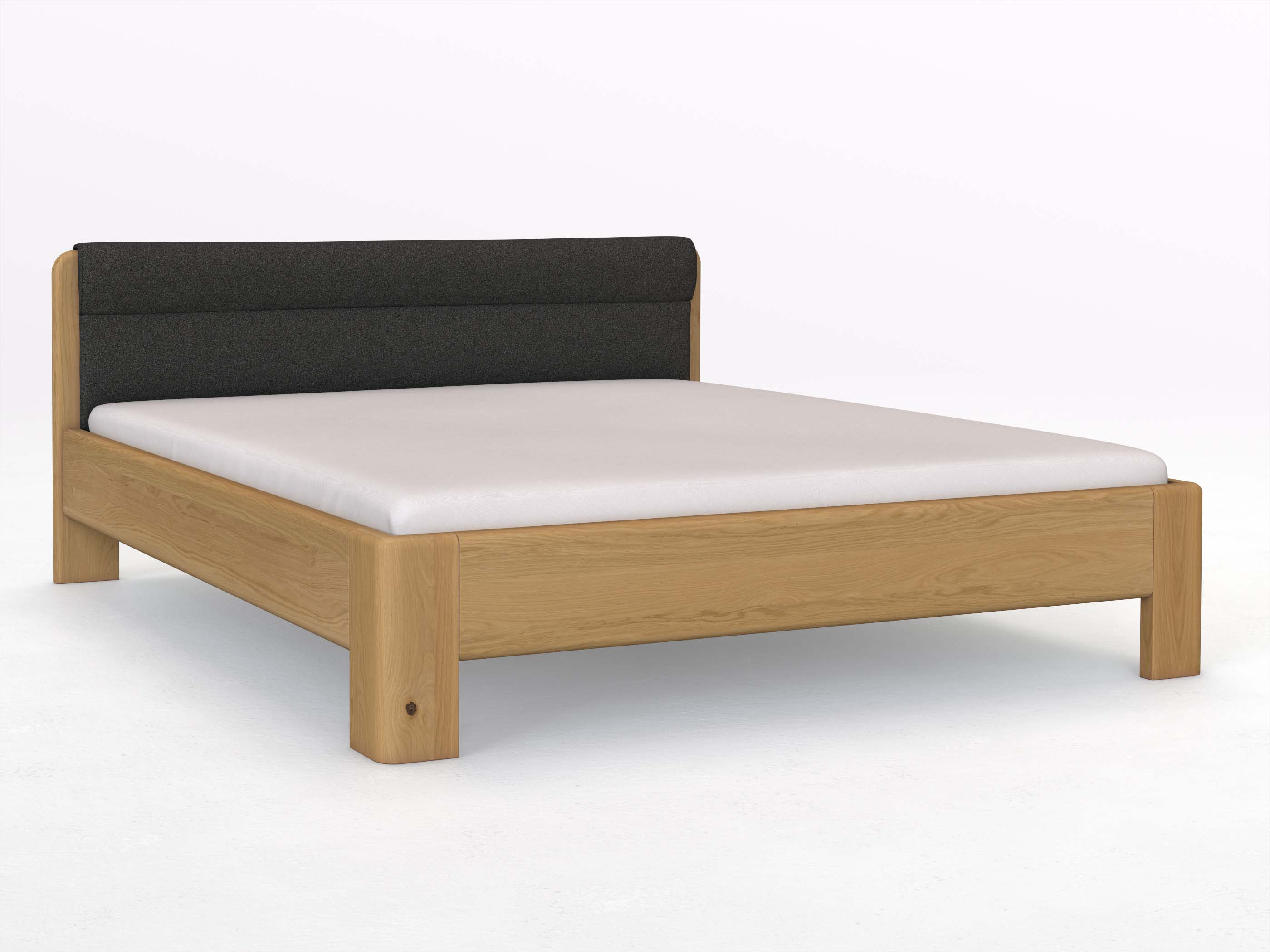 Eichenbett Hell „Niklas“ in 180 x 200 cm mit Stoffkopfteil - Stoff: Schafschurwolle „Loden“ in der Farbe Anthrazit