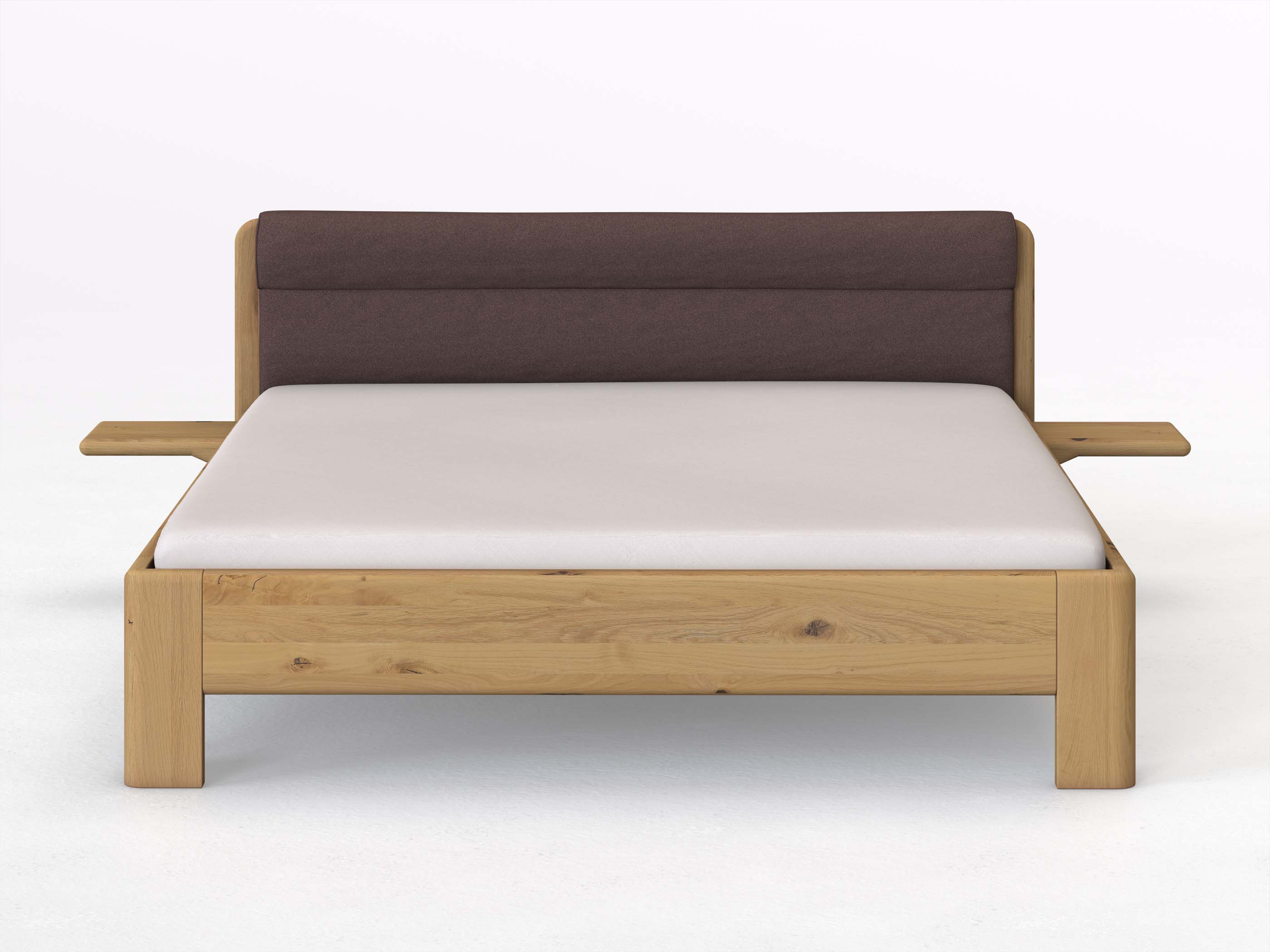 Wildeichenbett Hell „Niklas“ in 180 x 200 cm mit 2 Ablagen und Stoffkopfteil - Stoff: Schafschurwolle „Loden“ in der Farbe Abenddämmerung
