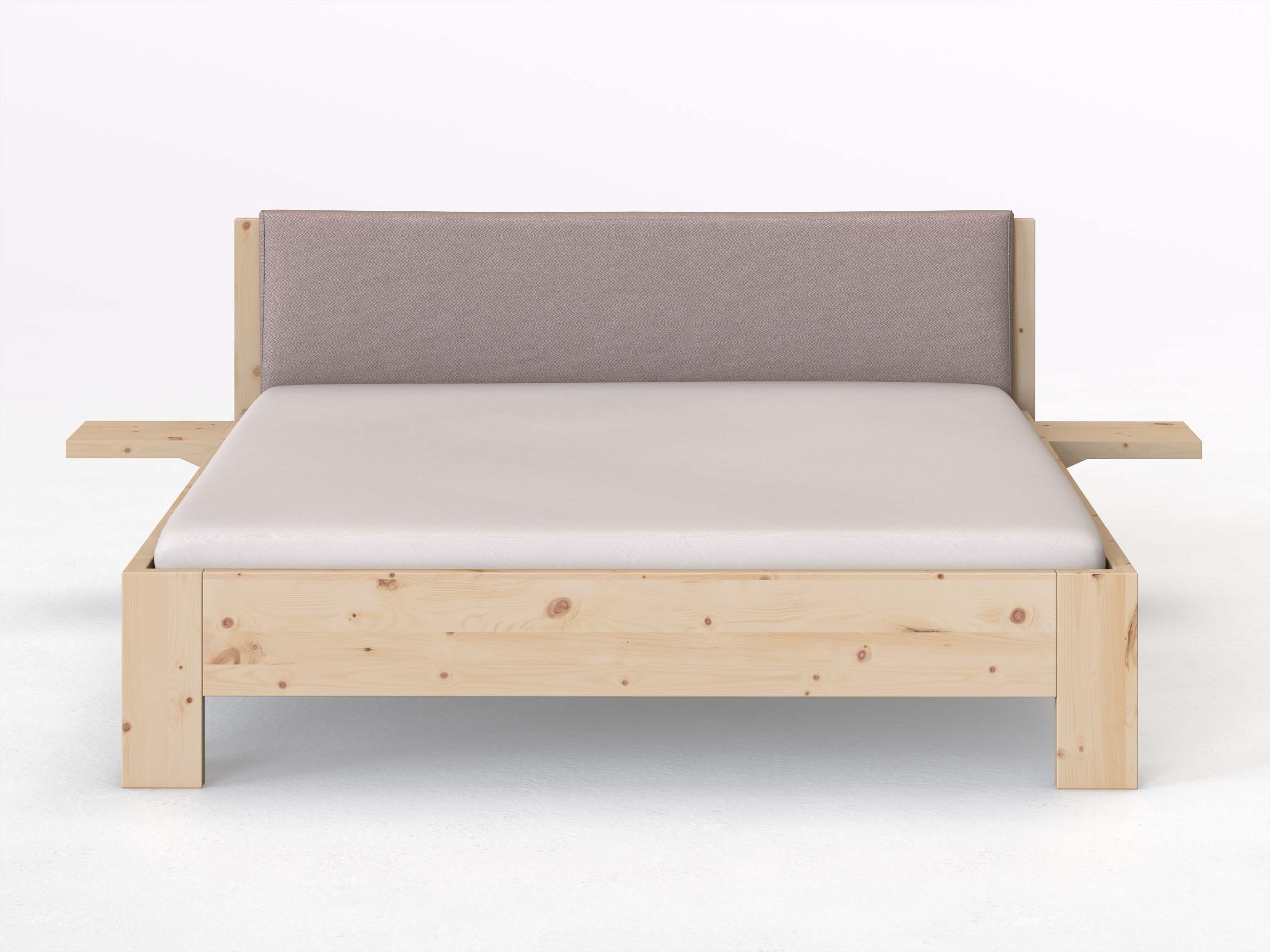 Zirbenbett „Alois“ in 180 x 200 cm mit 2 Ablagen und Stoffkopfteil - Stoff: Schafschurwolle „Fischgrät“ in der Farbe Zartflieder