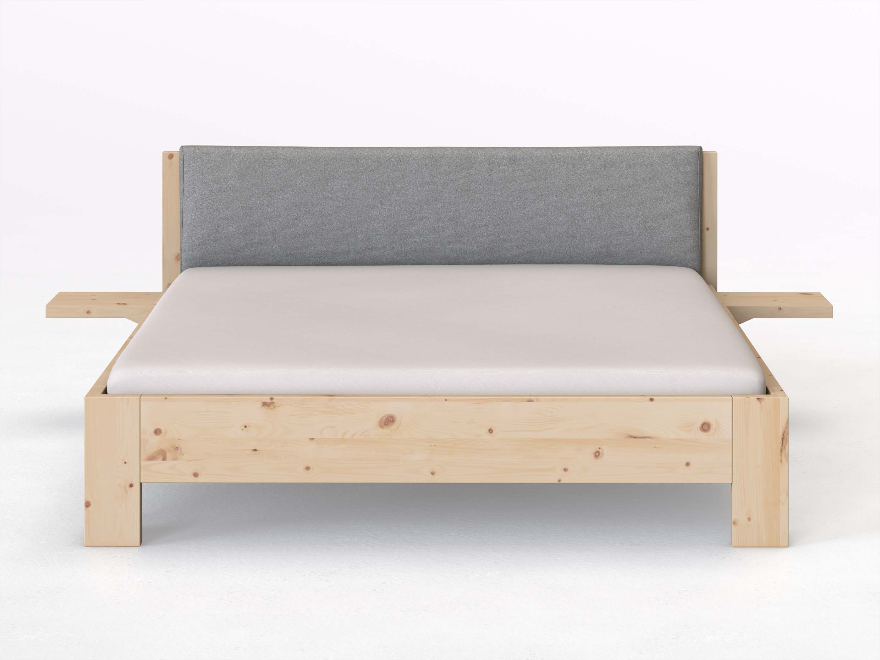 Zirbenbett „Alois“ in 180 x 200 cm mit 2 Ablagen und Stoffkopfteil - Stoff: Schafschurwolle „Loden“ in der Farbe Nebelgrau