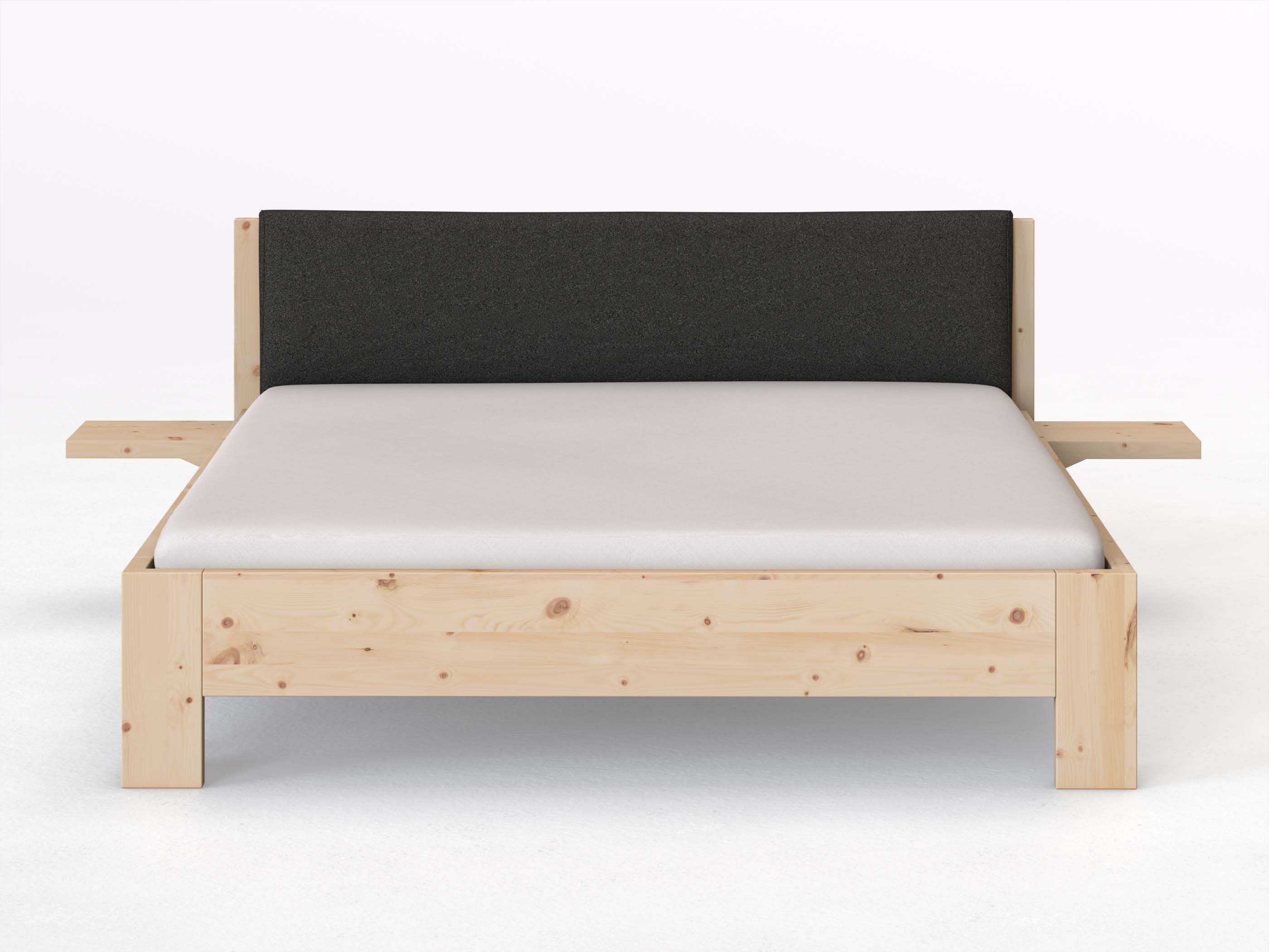 Zirbenbett „Alois“ in 180 x 200 cm mit 2 Ablagen und Stoffkopfteil - Stoff: Schafschurwolle „Loden“ in der Farbe Anthrazit