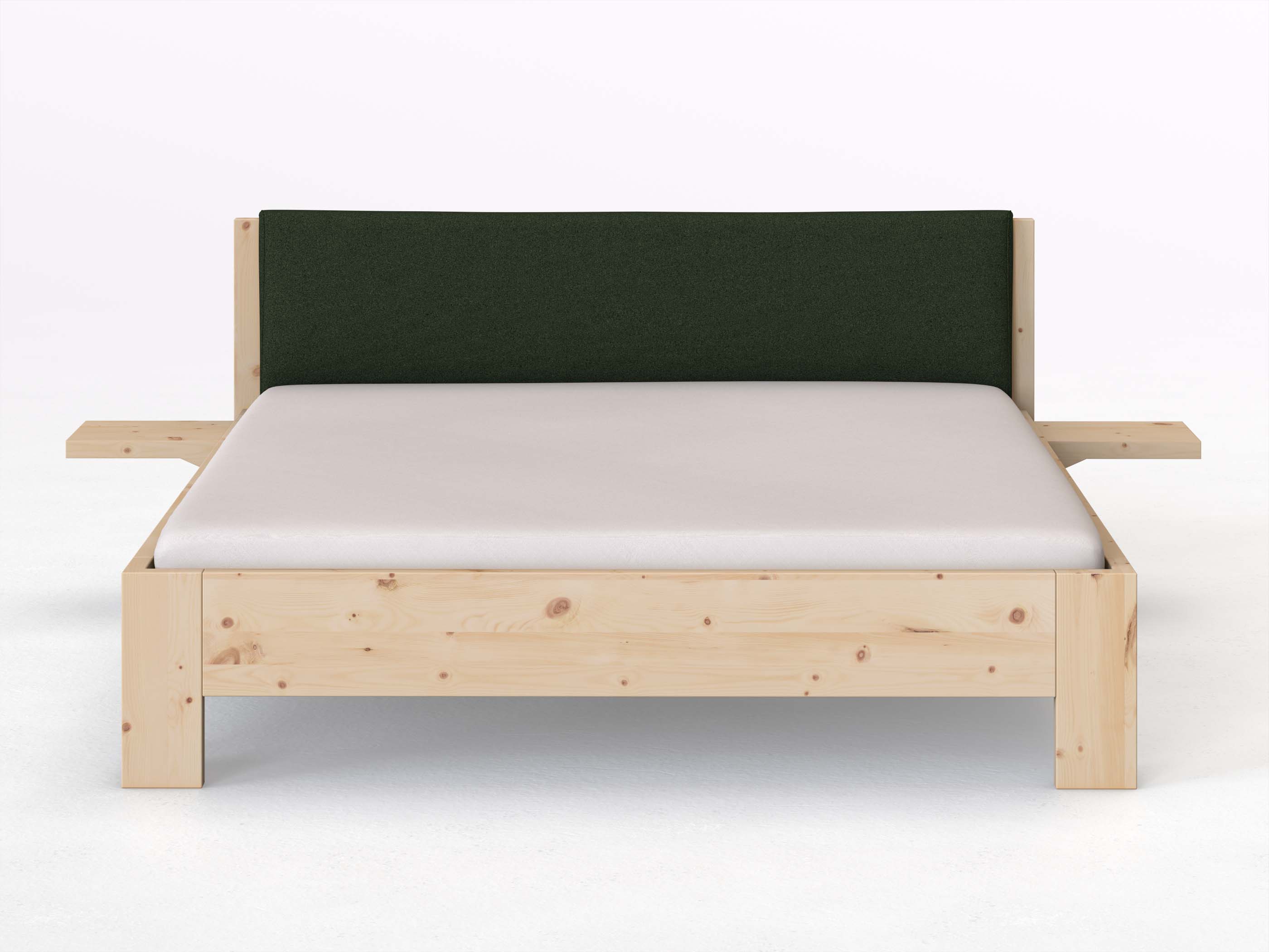 Zirbenbett „Alois“ in 180 x 200 cm mit 2 Ablagen und Stoffkopfteil - Stoff: Schafschurwolle „Loden“ in der Farbe Tannenwald
