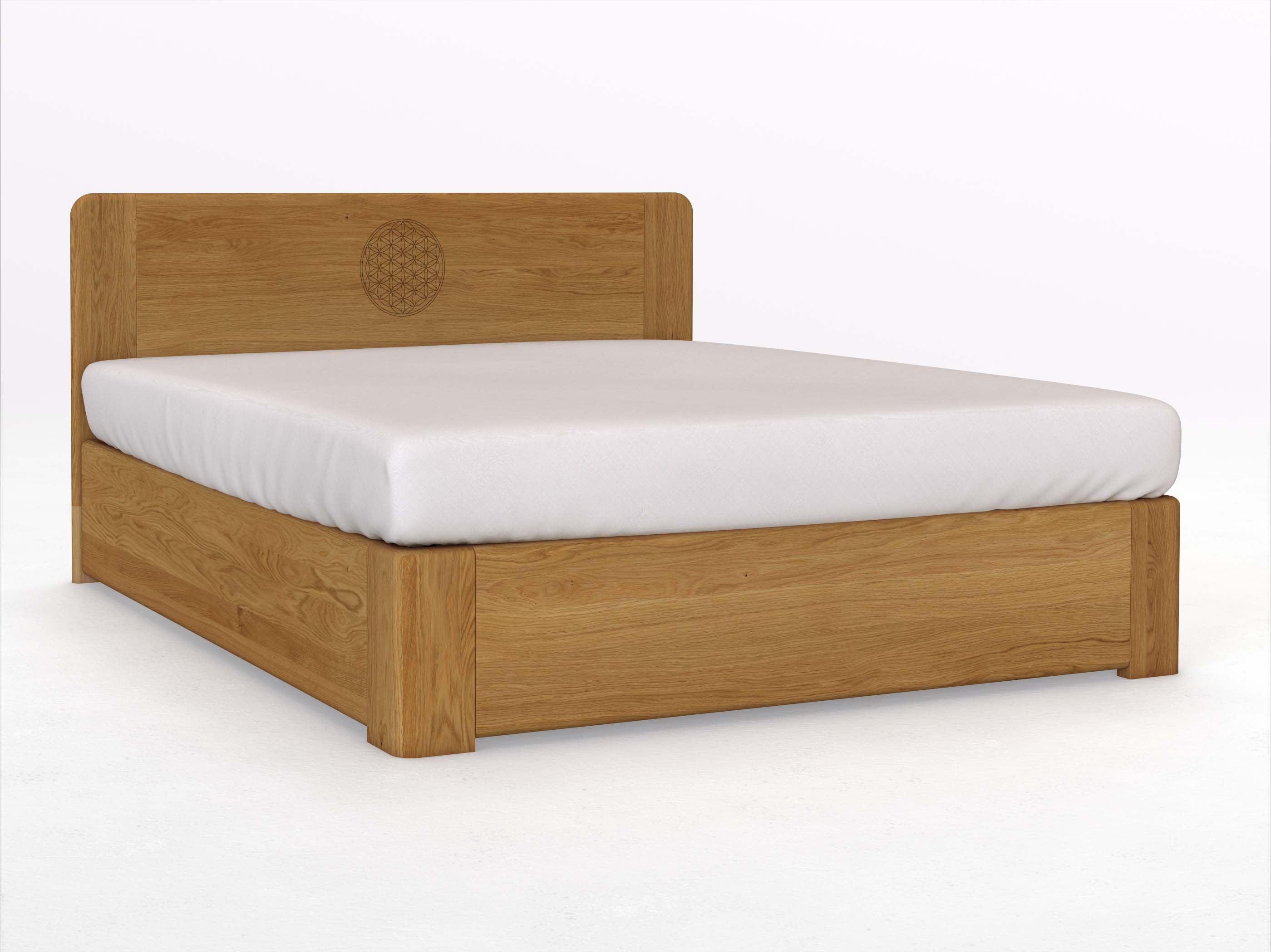 Eichenbett „Niklas“ Boxspring 180 x 200 cm mit Gravur „Blume des Lebens“, ohne Unterbettkommode