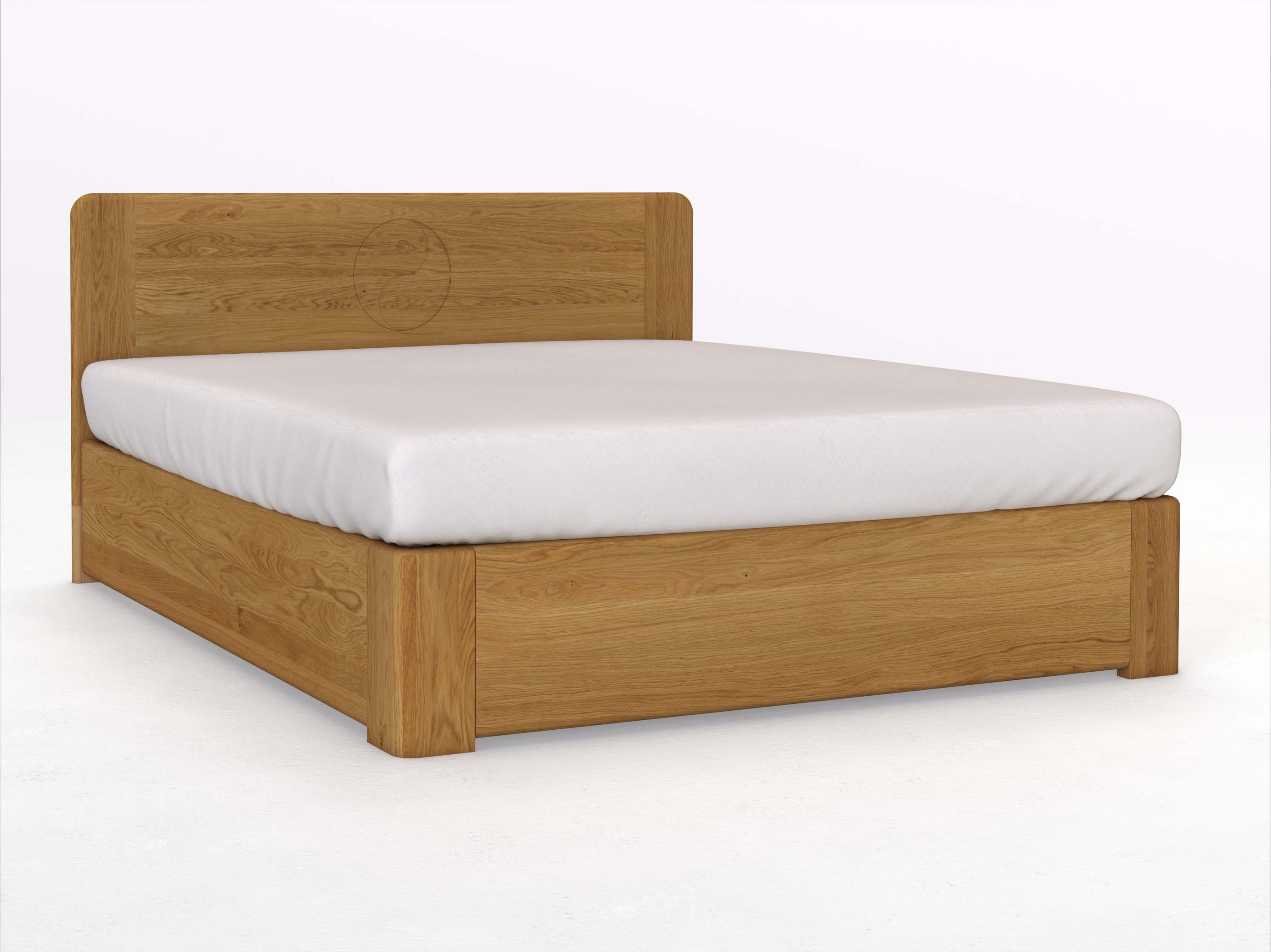 Eichenbett „Niklas“ Boxspring 180 x 200 cm mit Gravur „Yin Yang“, ohne Unterbettkommode