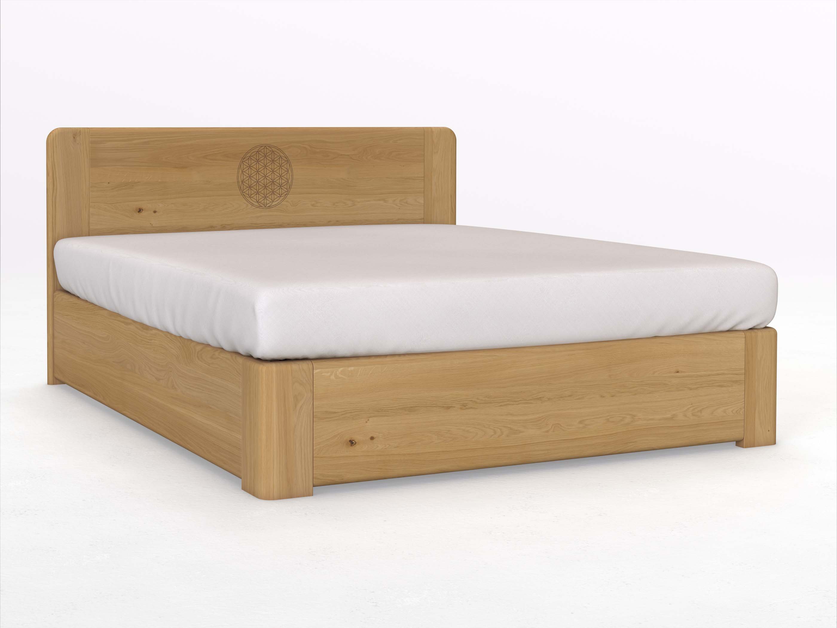 Eichenbett Hell „Niklas“ Boxspring 180 x 200 cm mit Gravur „Blume des Lebens“, ohne Unterbettkommode