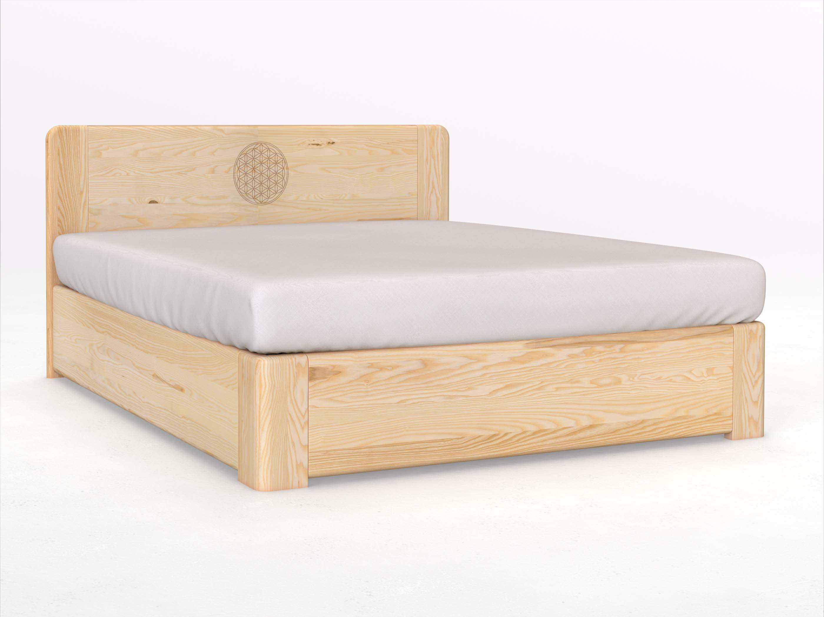Eschenbett „Niklas“ Boxspring 180 x 200 cm mit Gravur „Blume des Lebens“, ohne Unterbettkommode