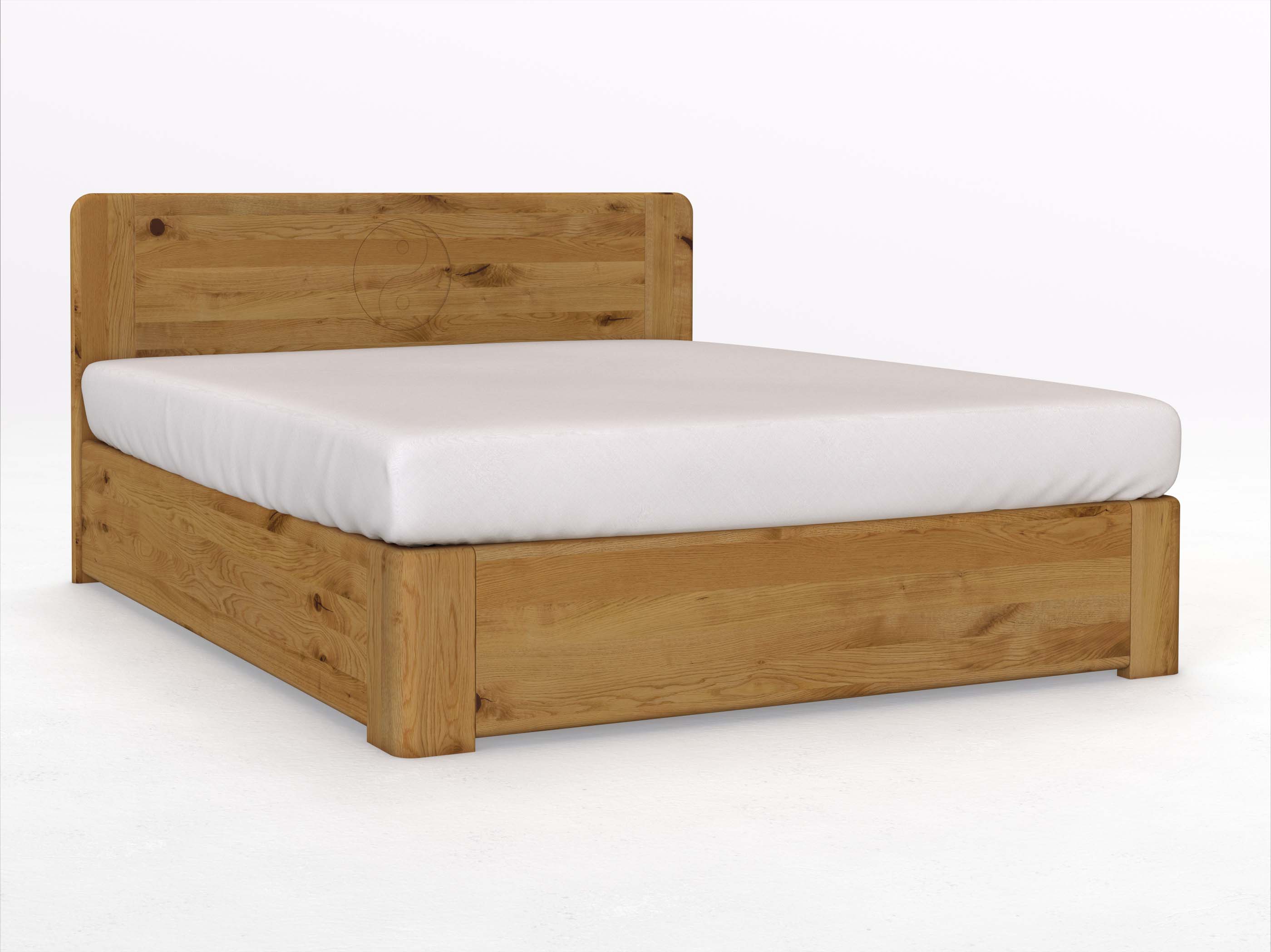 Wildeichenbett „Niklas“ Boxspring 180 x 200 cm mit Gravur „Yin Yang“, ohne Unterbettkommode
