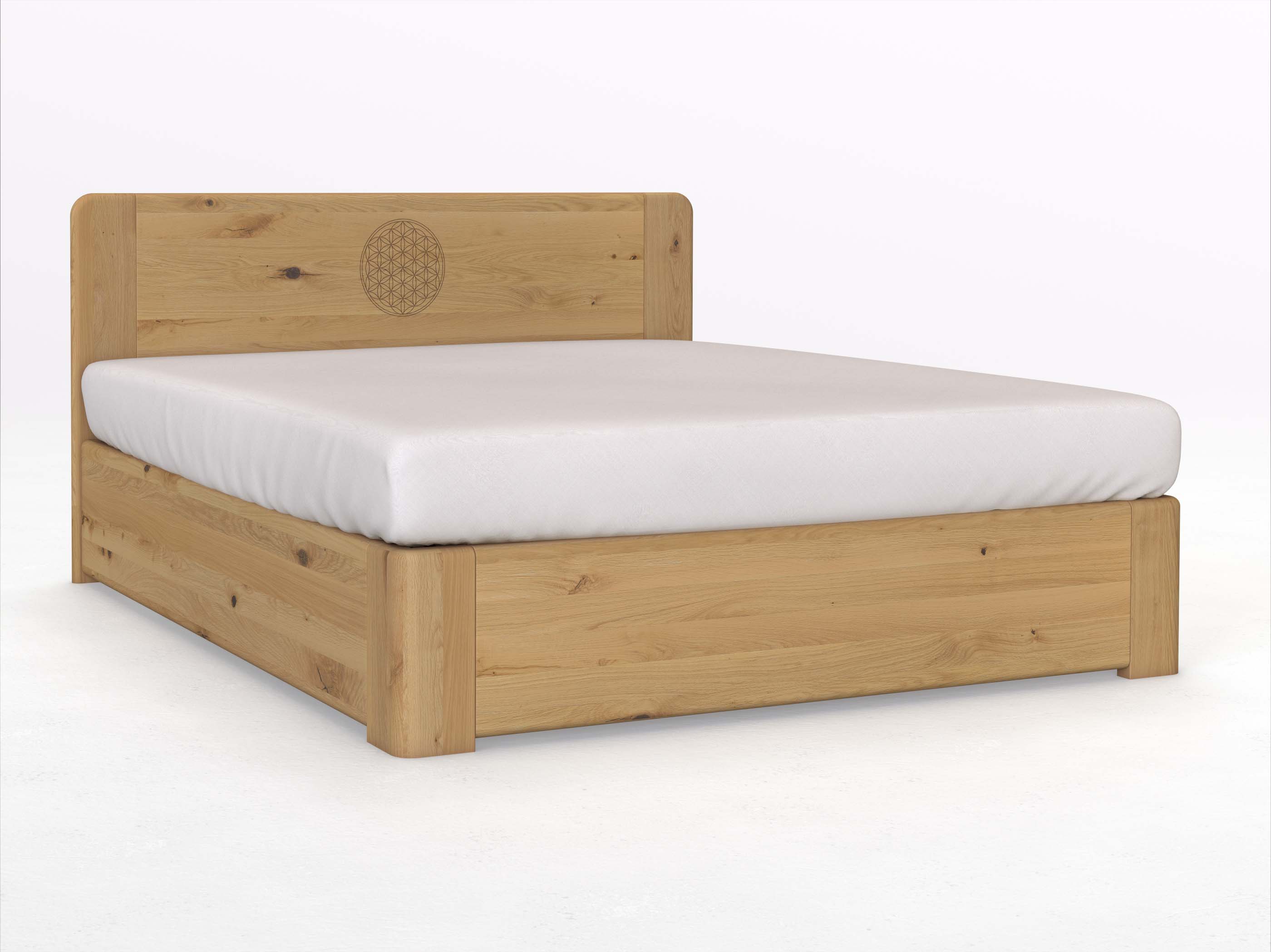 Wildeichenbett Hell „Niklas“ Boxspring 180 x 200 cm mit Gravur „Blume des Lebens“, ohne Unterbettkommode
