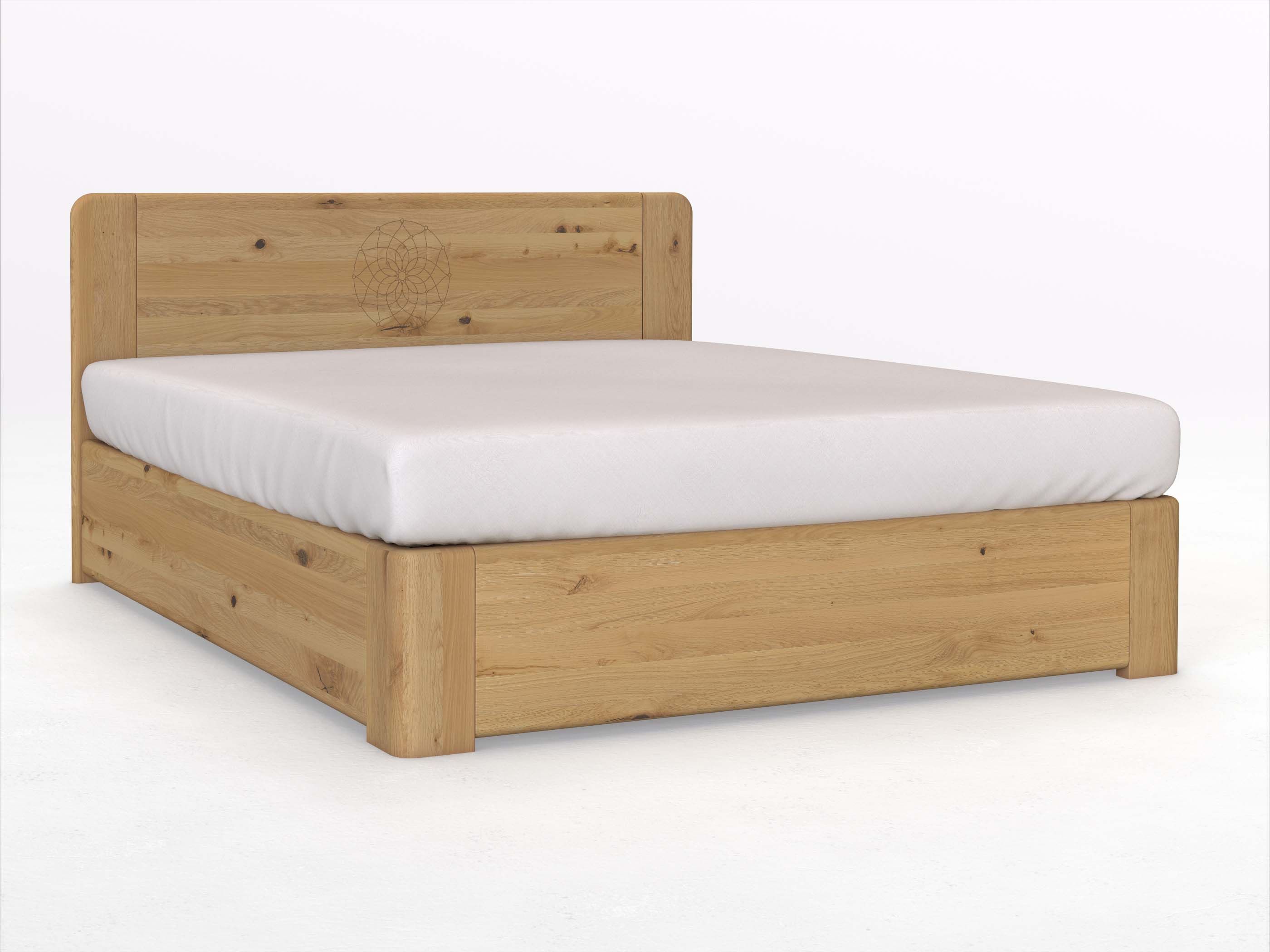 Wildeichenbett Hell „Niklas“ Boxspring 180 x 200 cm mit Gravur „Traumfänger“, ohne Unterbettkommode