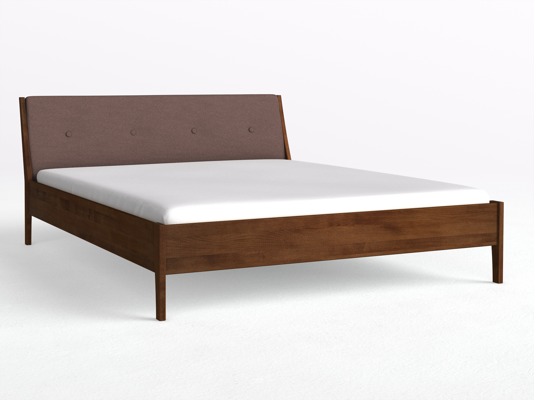 Buchenbett Dunkel „Oliver“ in 180 x 200 cm, mit Kopfteil „geknöpft“ - Stoff: Schafschurwolle „Loden“ in der Farbe Abenddämmerung