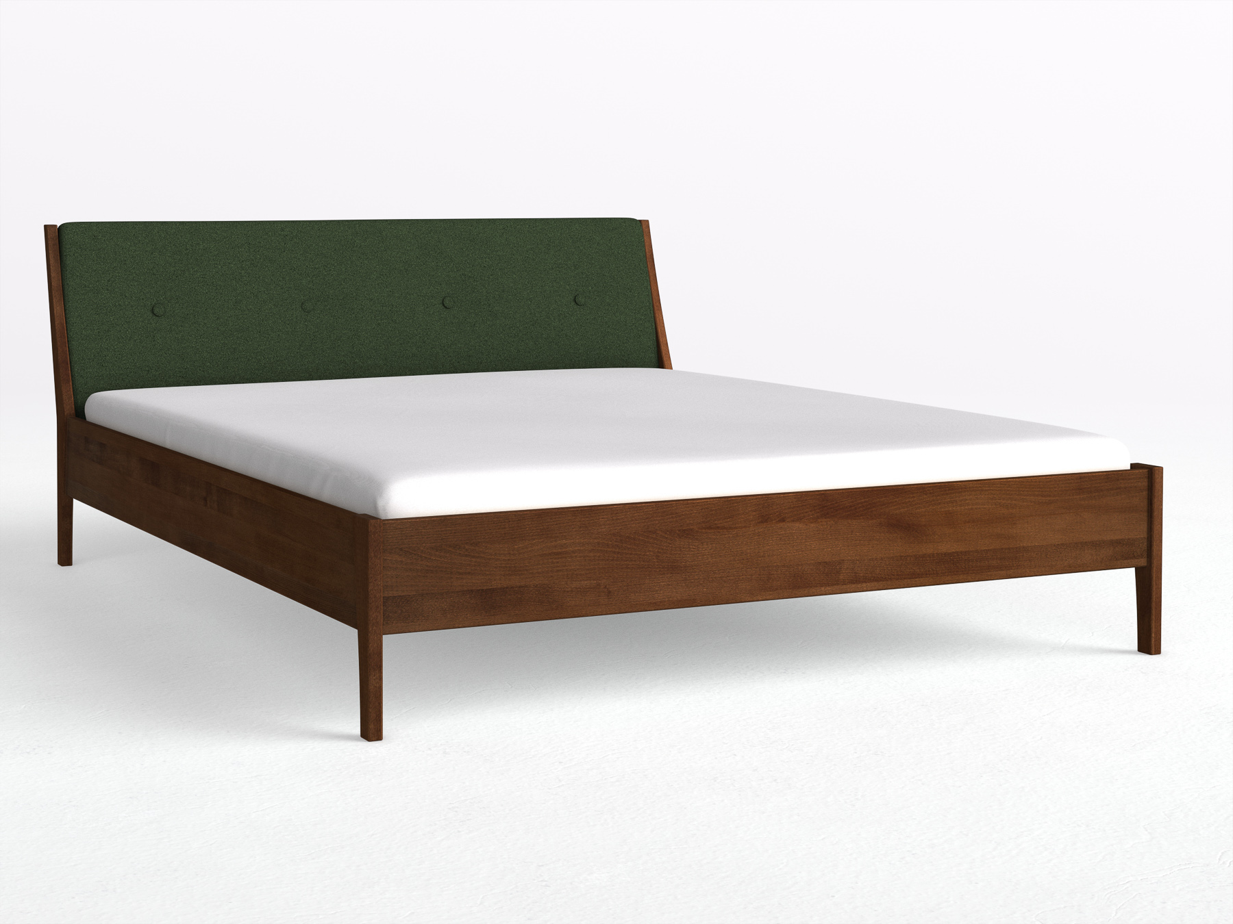 Buchenbett Dunkel „Oliver“ in 180 x 200 cm, mit Kopfteil „geknöpft“ - Stoff: Schafschurwolle „Loden“ in der Farbe Tannenwald