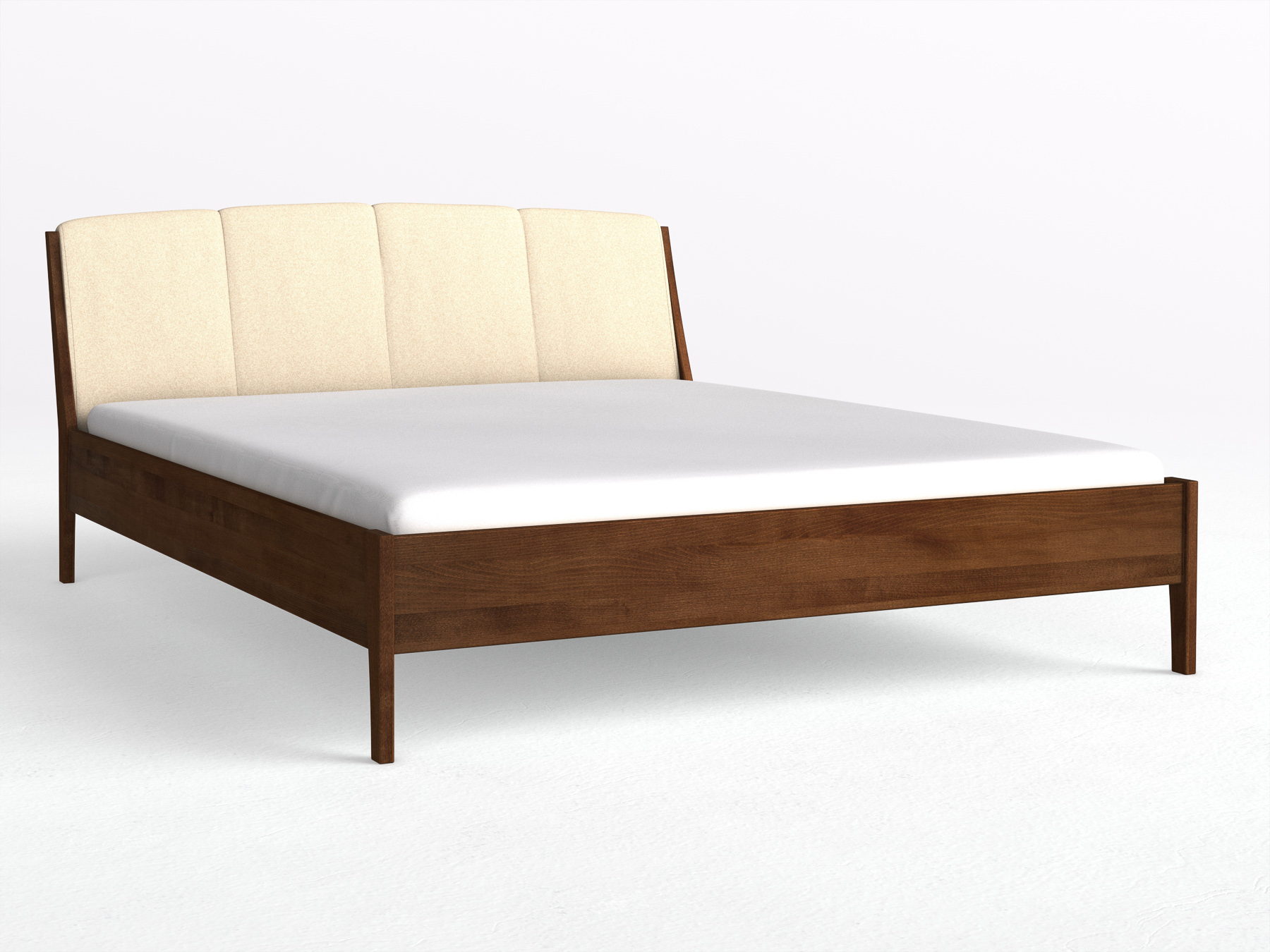 Buchenbett Dunkel „Oliver“ in 180 x 200 cm, mit Kopfteil „genäht“ - Stoff: Schafschurwolle „Fischgrät“ in der Farbe Holunderblüte