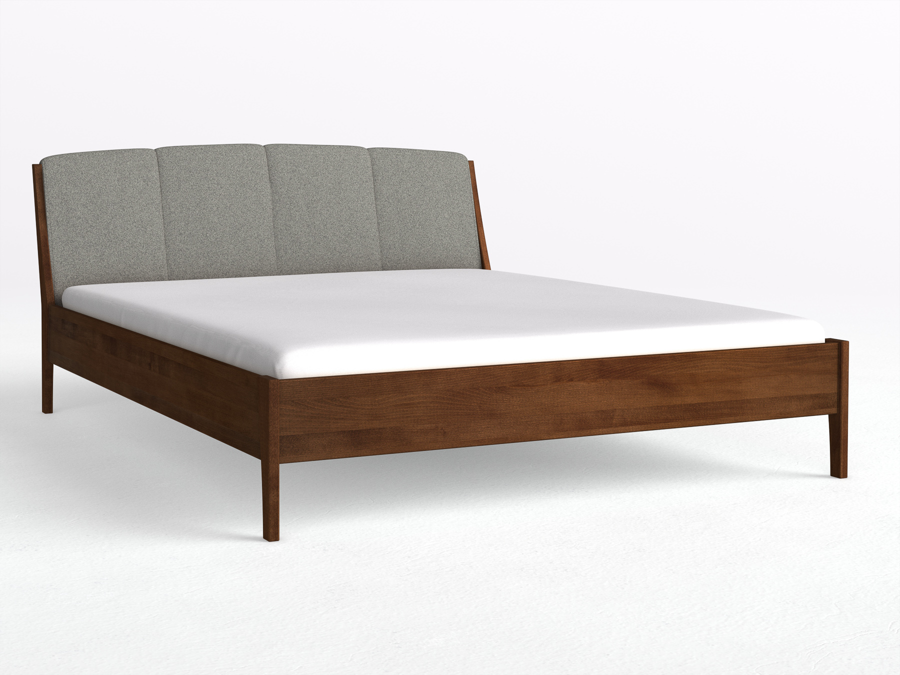 Buchenbett Dunkel „Oliver“ in 180 x 200 cm, mit Kopfteil „genäht“ - Stoff: Schafschurwolle „Fischgrät“ in der Farbe Grauer Mohn