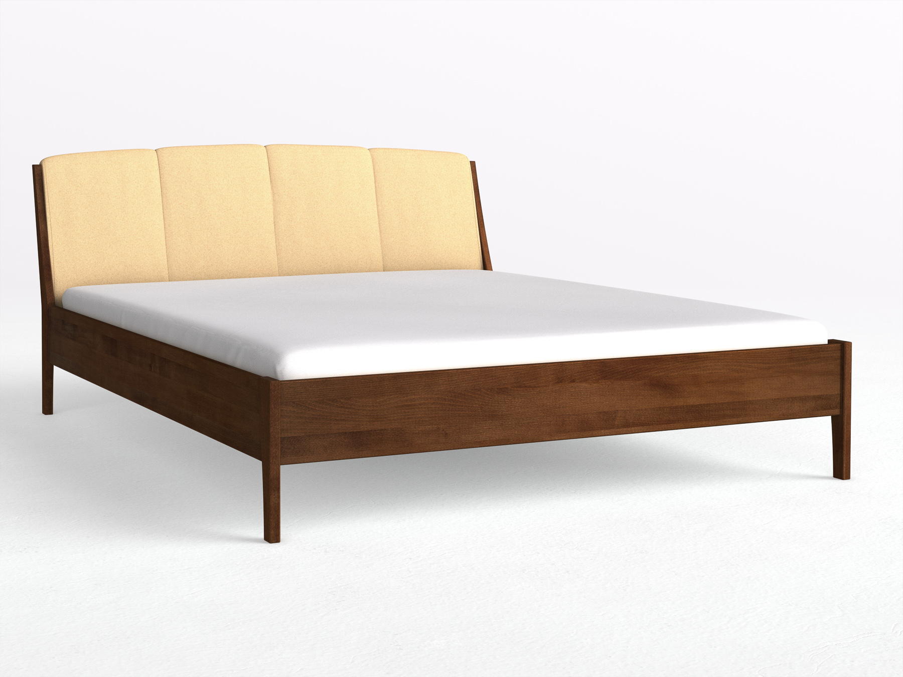 Buchenbett Dunkel „Oliver“ in 180 x 200 cm, mit Kopfteil „genäht“ - Stoff: Schafschurwolle „Fischgrät“ in der Farbe Goldhirse