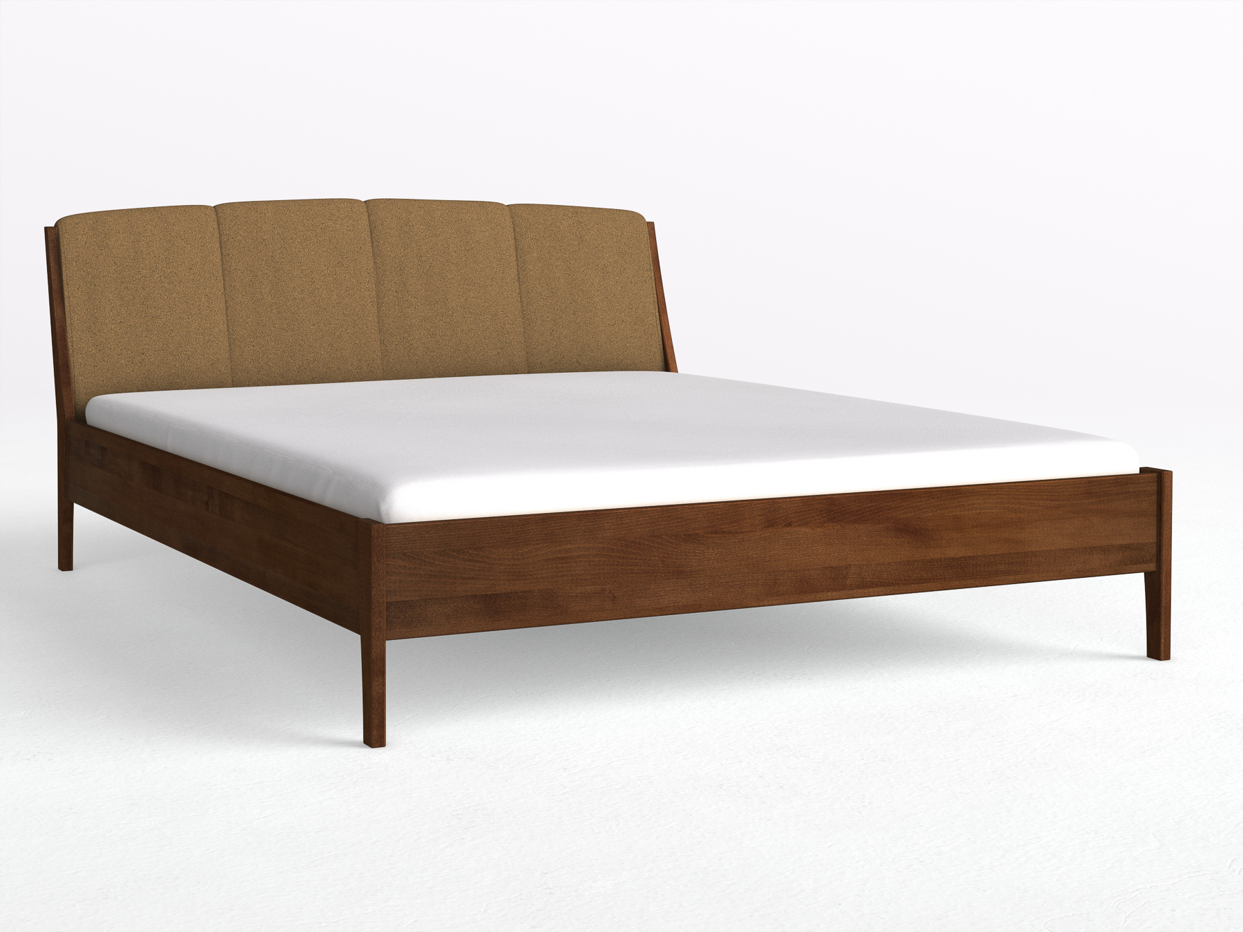 Buchenbett Dunkel „Oliver“ in 180 x 200 cm, mit Kopfteil „genäht“ - Stoff: Schafschurwolle „Loden“ in der Farbe Zimtrinde