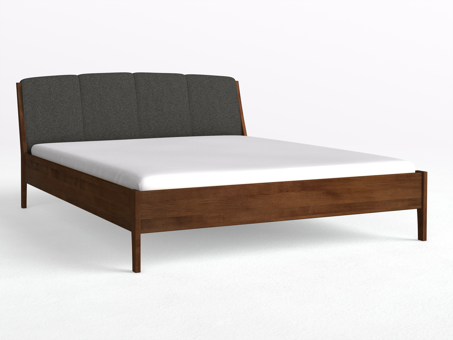 Buchenbett Dunkel „Oliver“ in 180 x 200 cm, mit Kopfteil „genäht“ - Stoff: Schafschurwolle „Loden“ in der Farbe Anthrazit