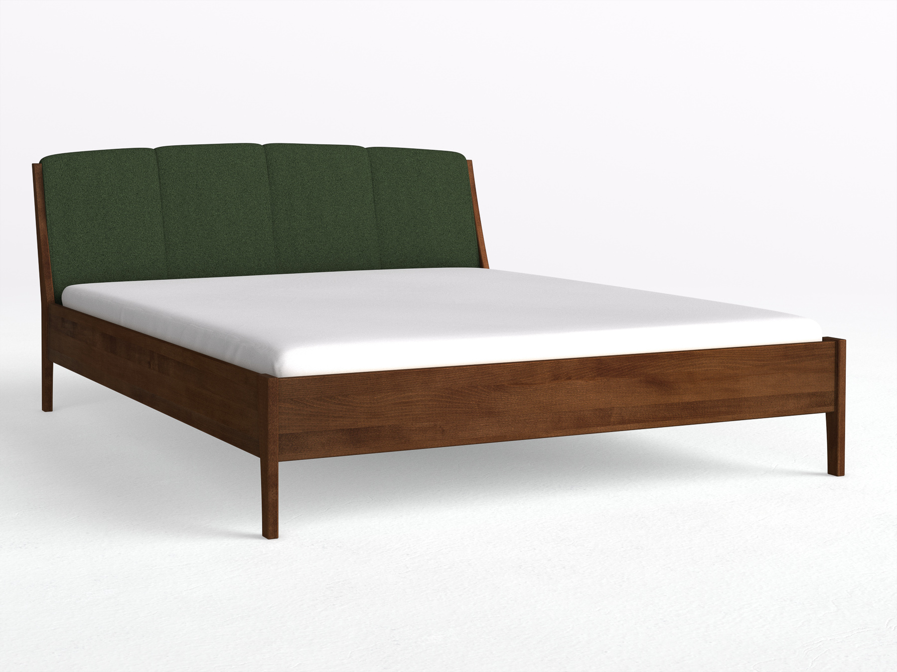 Buchenbett Dunkel „Oliver“ in 180 x 200 cm, mit Kopfteil „genäht“ - Stoff: Schafschurwolle „Loden“ in der Farbe Tannenwald