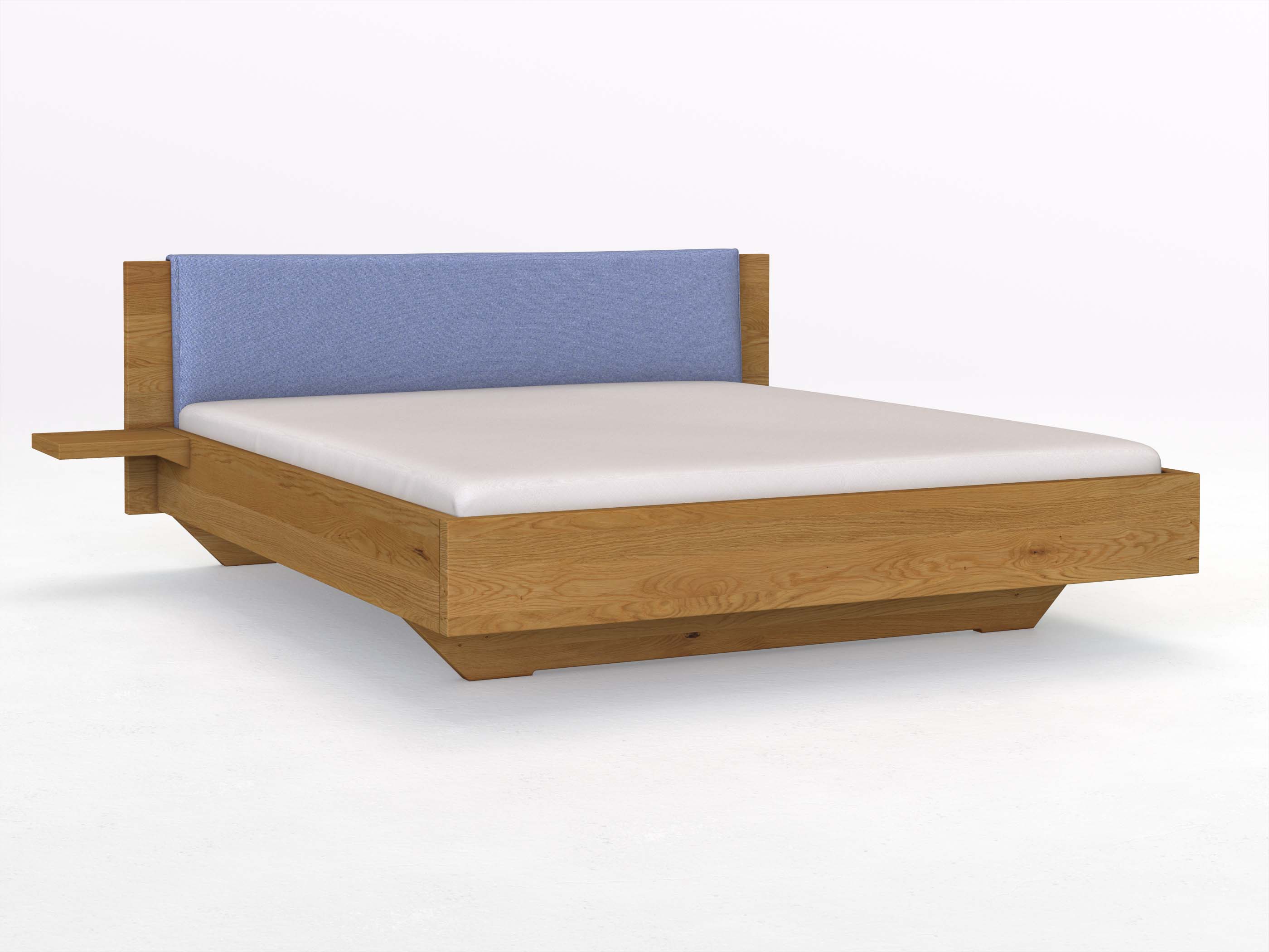 Eichenbett „Patrizia“ in 180 x 200 cm mit zwei Ablagen und Stoffkopfteil - Stoff: Schafschurwolle „Fischgrät“ in der Farbe Kornblume