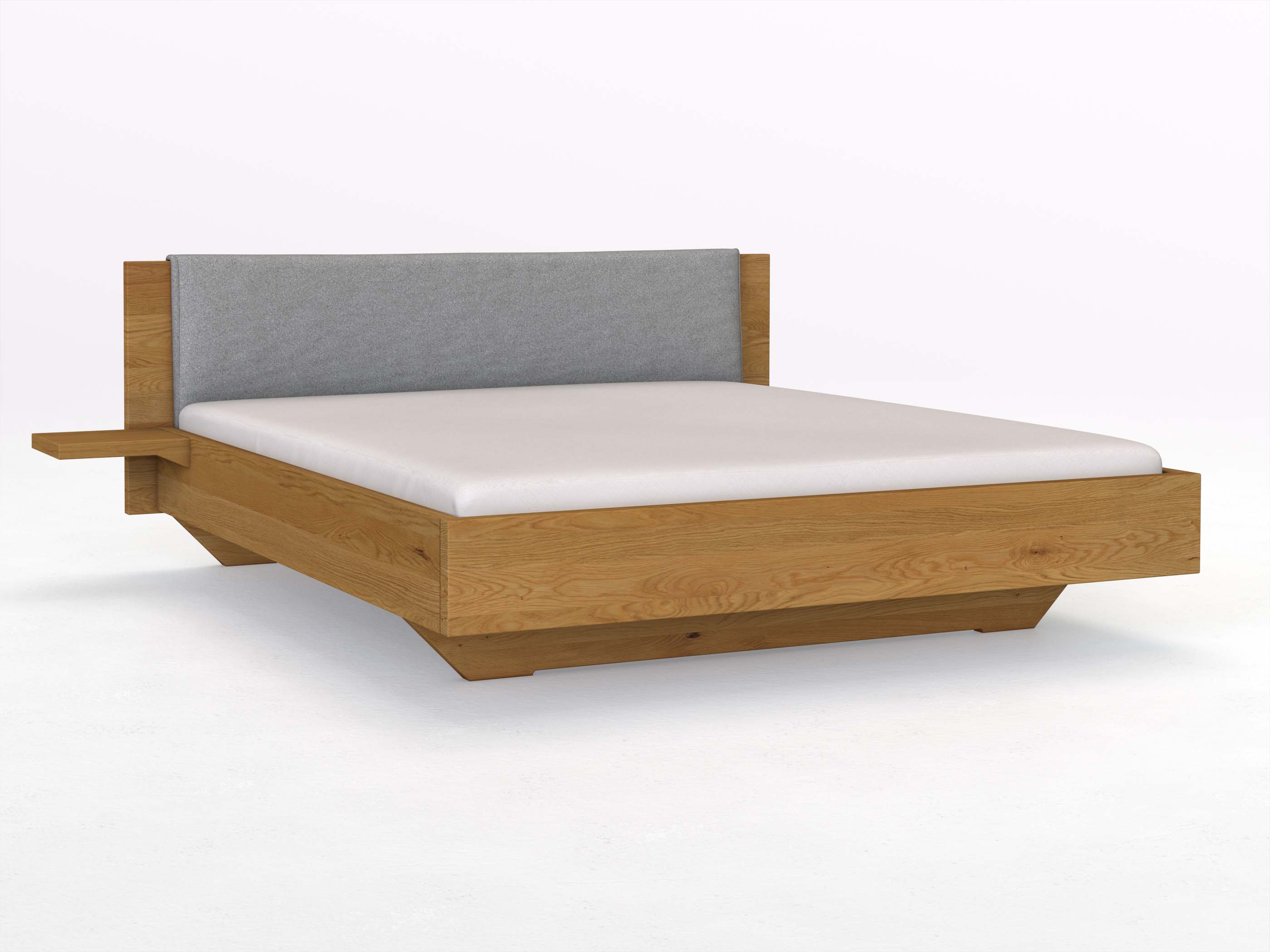 Eichenbett „Patrizia“ in 180 x 200 cm mit zwei Ablagen und Stoffkopfteil - Stoff: Schafschurwolle „Loden“ in der Farbe Nebelgrau