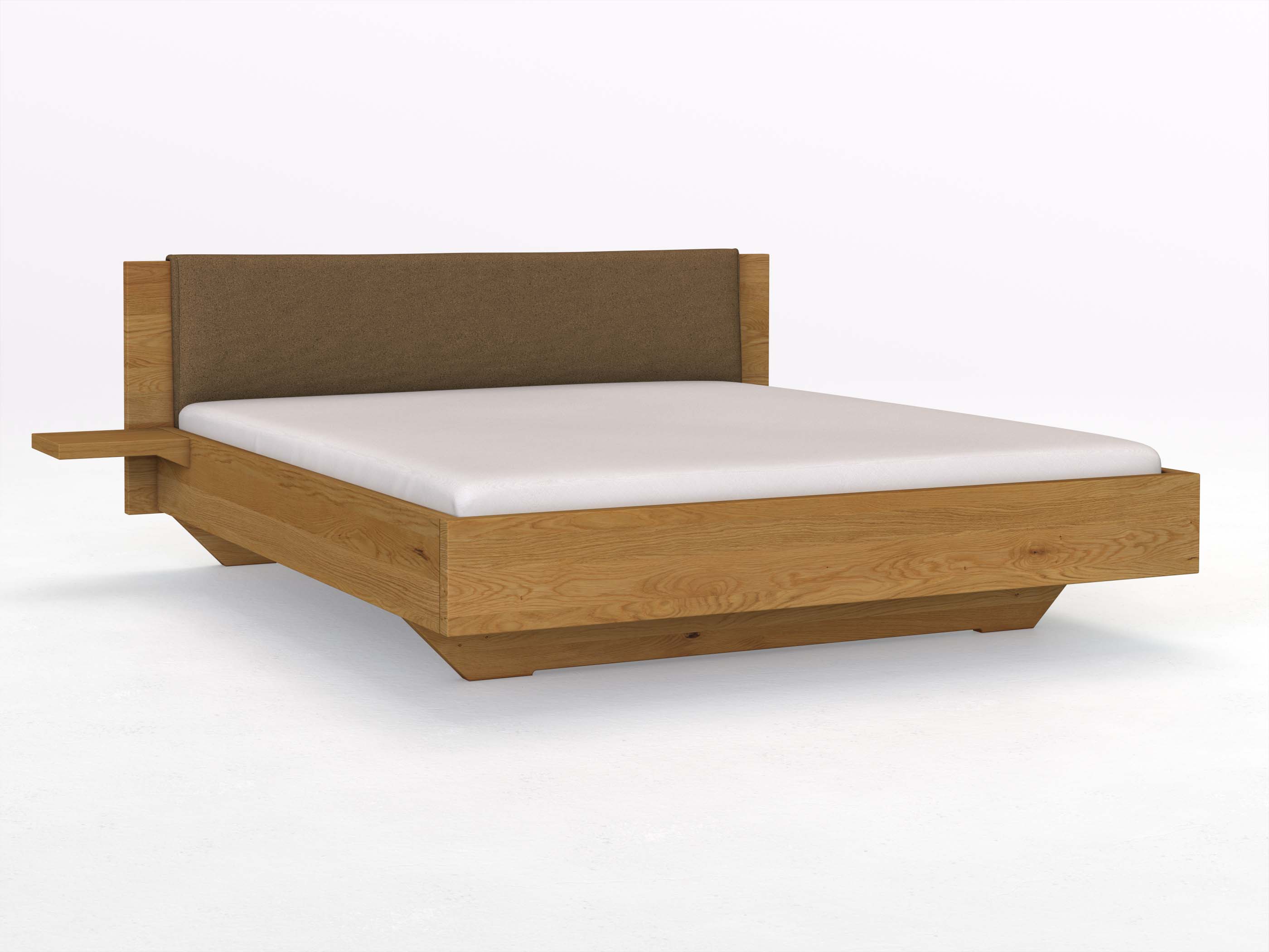 Eichenbett „Patrizia“ in 180 x 200 cm mit zwei Ablagen und Stoffkopfteil - Stoff: Schafschurwolle „Loden“ in der Farbe Zimtrinde