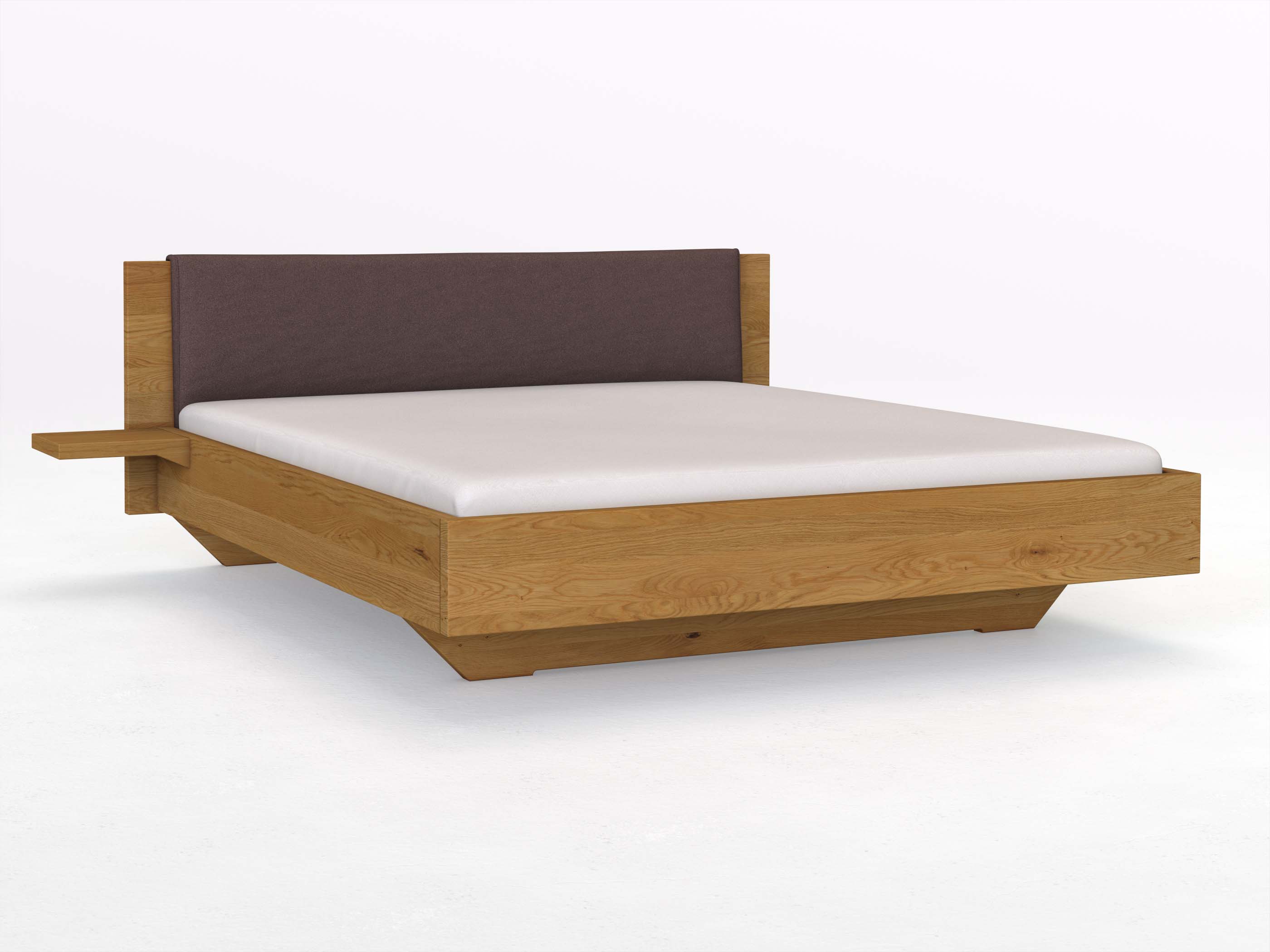 Eichenbett „Patrizia“ in 180 x 200 cm mit zwei Ablagen und Stoffkopfteil - Stoff: Schafschurwolle „Loden“ in der Farbe Abenddämmerung