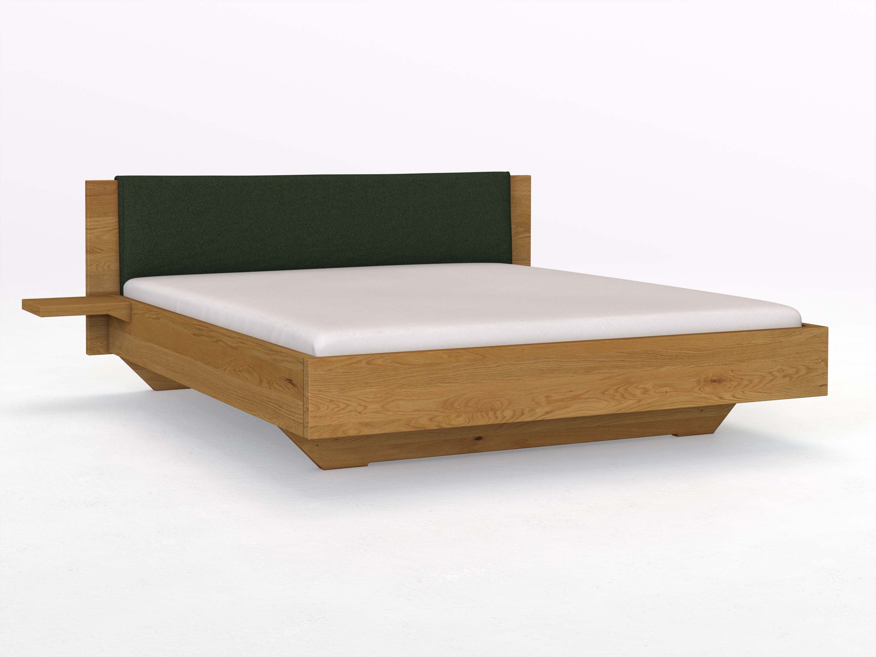 Eichenbett „Patrizia“ in 180 x 200 cm mit zwei Ablagen und Stoffkopfteil - Stoff: Schafschurwolle „Loden“ in der Farbe Tannenwald