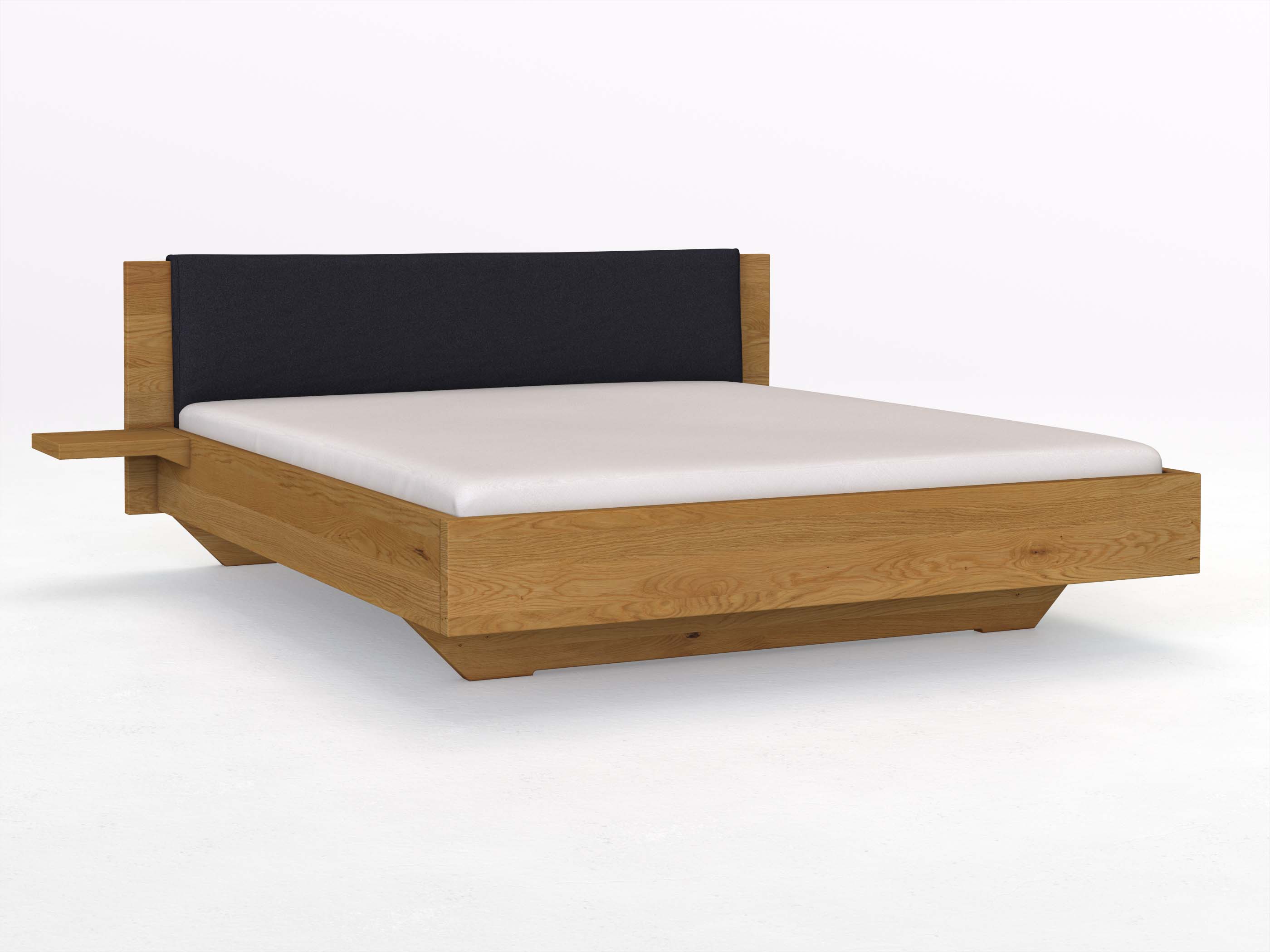 Eichenbett „Patrizia“ in 180 x 200 cm mit zwei Ablagen und Stoffkopfteil - Stoff: Schafschurwolle „Loden“ in der Farbe Nachtblau