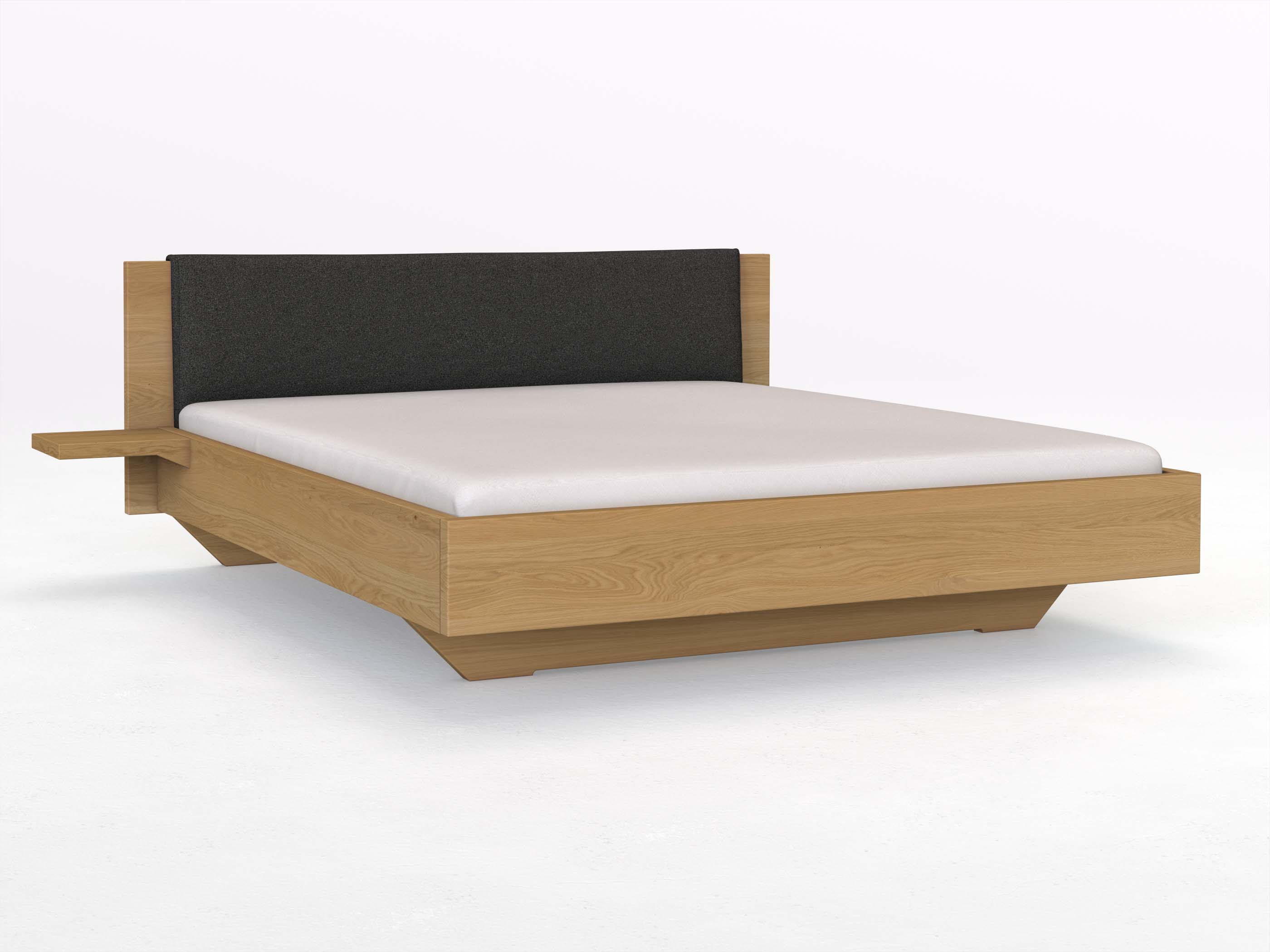 Eichenbett Hell „Patrizia“ in 180 x 200 cm mit zwei Ablagen und Stoffkopfteil - Stoff: Schafschurwolle „Loden“ in der Farbe Anthrazit