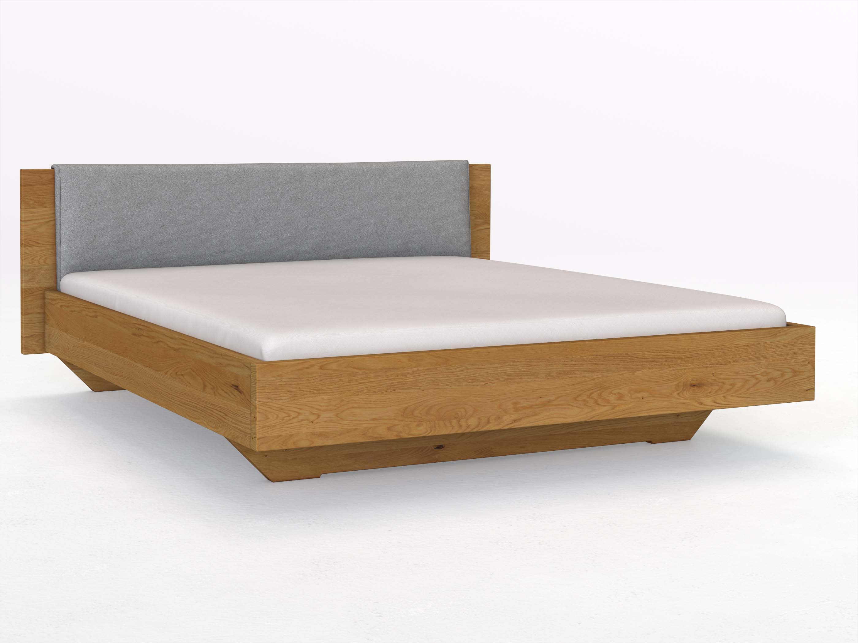 Eichenbett „Patrizia“ in 180 x 200 cm, mit Stoffkopfteil - Stoff: Schafschurwolle „Loden“ in der Farbe Nebelgrau