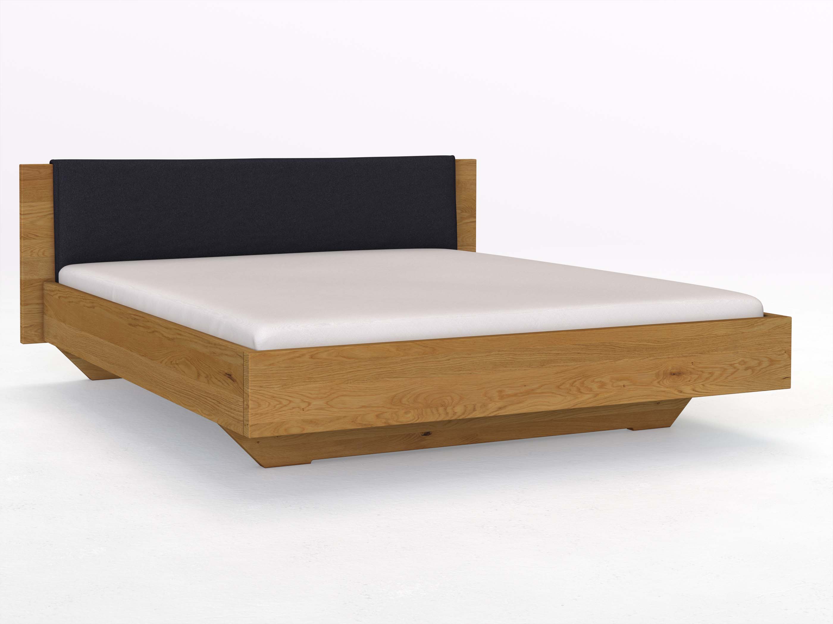 Eichenbett „Patrizia“ in 180 x 200 cm, mit Stoffkopfteil - Stoff: Schafschurwolle „Loden“ in der Farbe Nachtblau