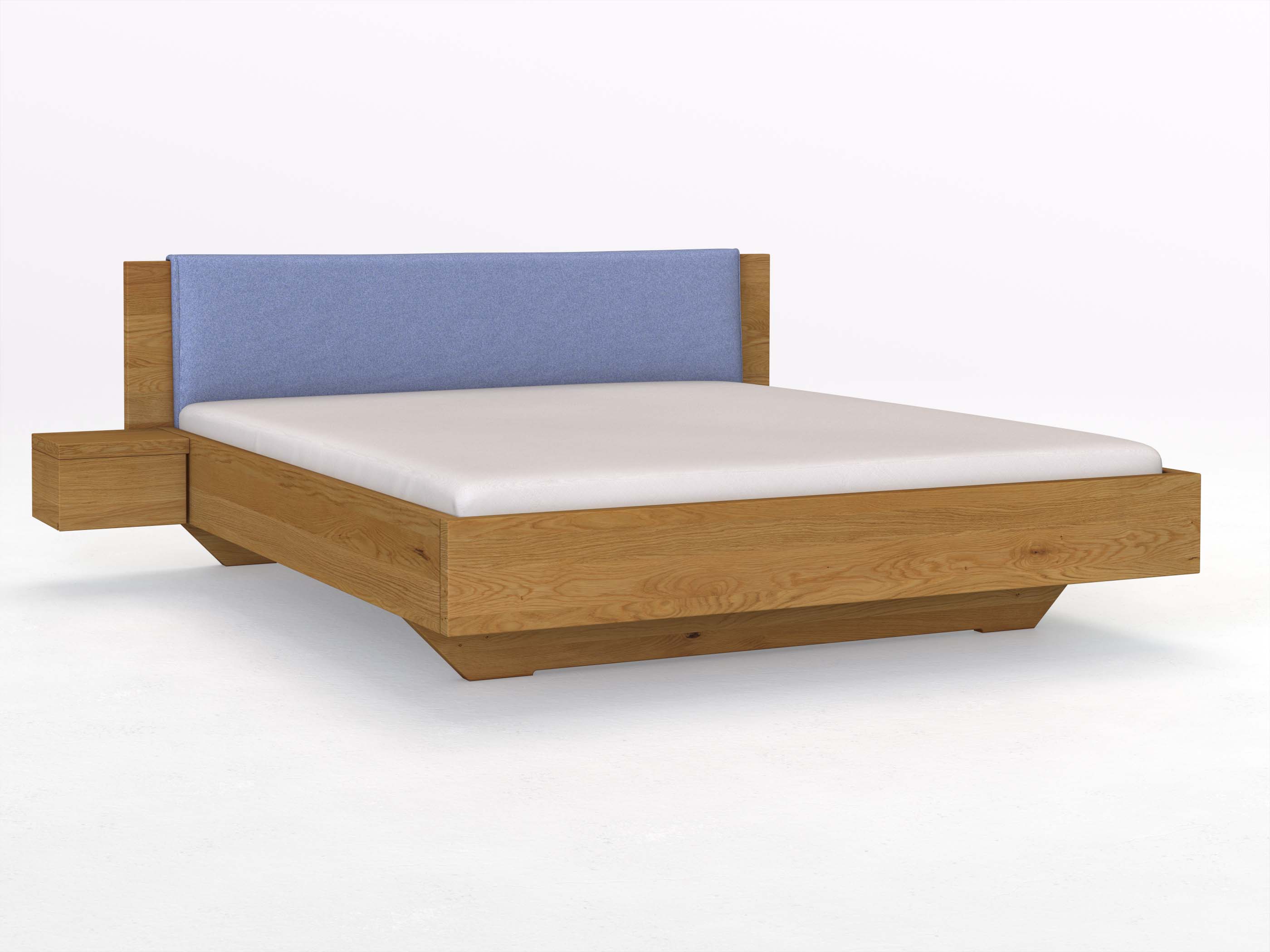 Eichenbett „Patrizia“ in 180 x 200 cm mit zwei Nachttische und Stoffkopfteil - Stoff: Schafschurwolle „Fischgrät“ in der Farbe Kornblume