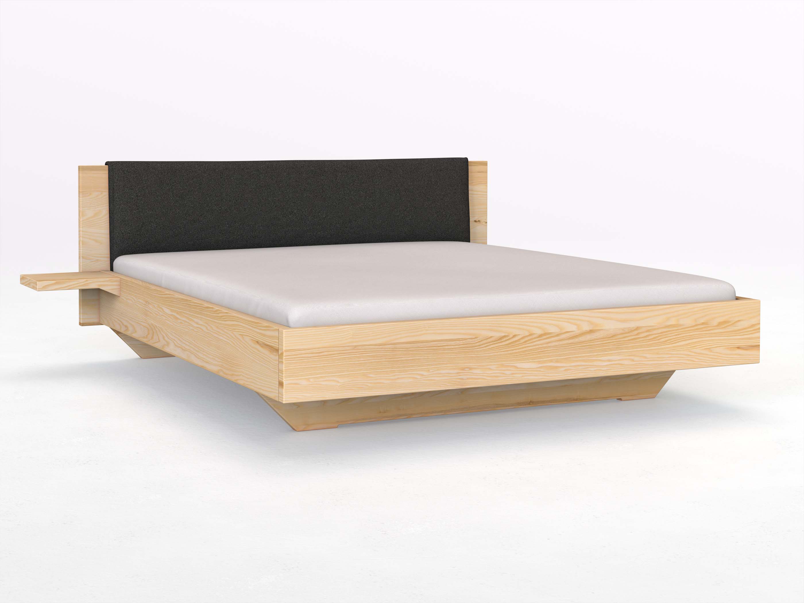 Eschenbett „Patrizia“ in 180 x 200 cm mit zwei Ablagen und Stoffkopfteil - Stoff: Schafschurwolle „Loden“ in der Farbe Anthrazit