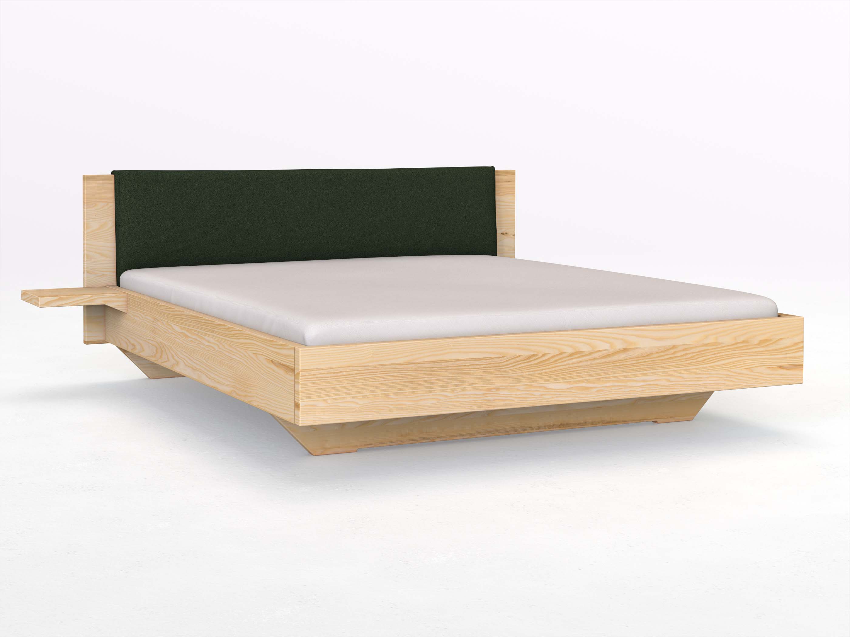 Eschenbett „Patrizia“ in 180 x 200 cm mit zwei Ablagen und Stoffkopfteil - Stoff: Schafschurwolle „Loden“ in der Farbe Tannenwald