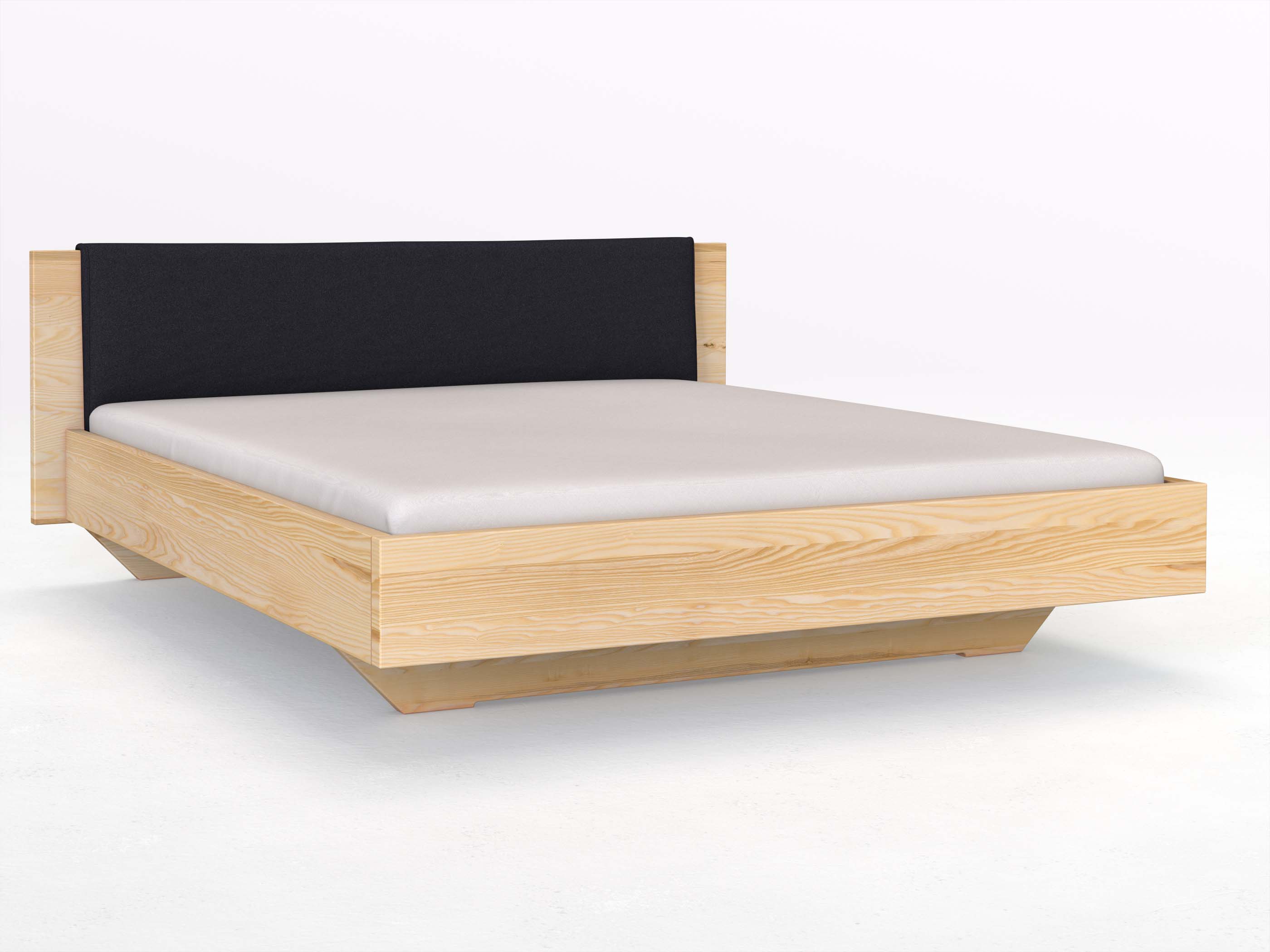 Eschenbett „Patrizia“ in 180 x 200 cm, mit Stoffkopfteil - Stoff: Schafschurwolle „Loden“ in der Farbe Nachtblau